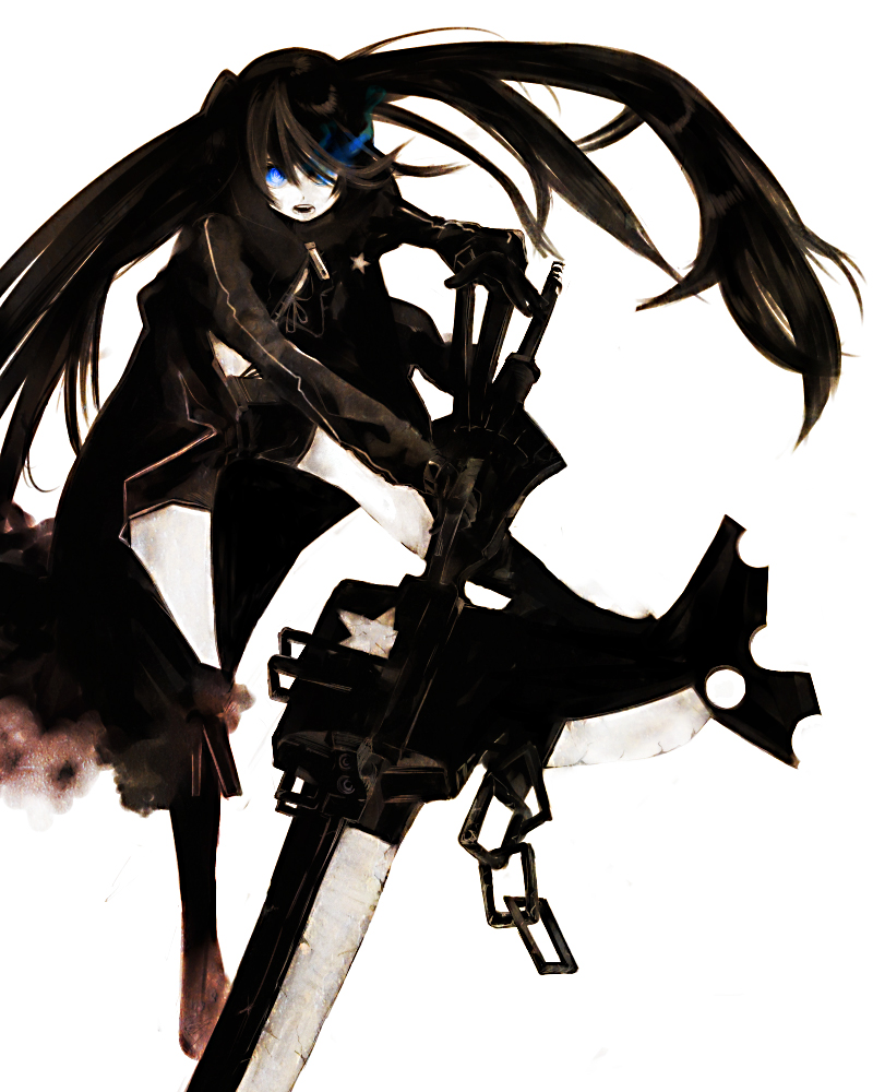 satoo, satoo satoo, black rock shooter (character), black rock shooter, 10s, 1girl, black hair, blue eyes, boots, female focus, glowing, glowing eyes, long hair, midriff, navel, pale skin, shorts, solo, sword, twintails, very long hair, weapon