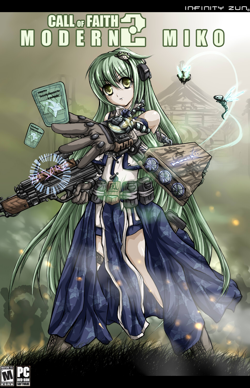 sirills, kamen rider diend, kochiya sanae, moriya suwako, yasaka kanako, call of duty, call of duty: modern warfare 2, kamen rider, kamen rider dcd, touhou, walther, highres, 1girl, bullpup, cover, detached sleeves, female focus, frog, green eyes, green hair, gun, hair ornament, japanese clothes, long hair, parody, rifle, snake, sniper rifle, trigger discipline, video game cover, weapon