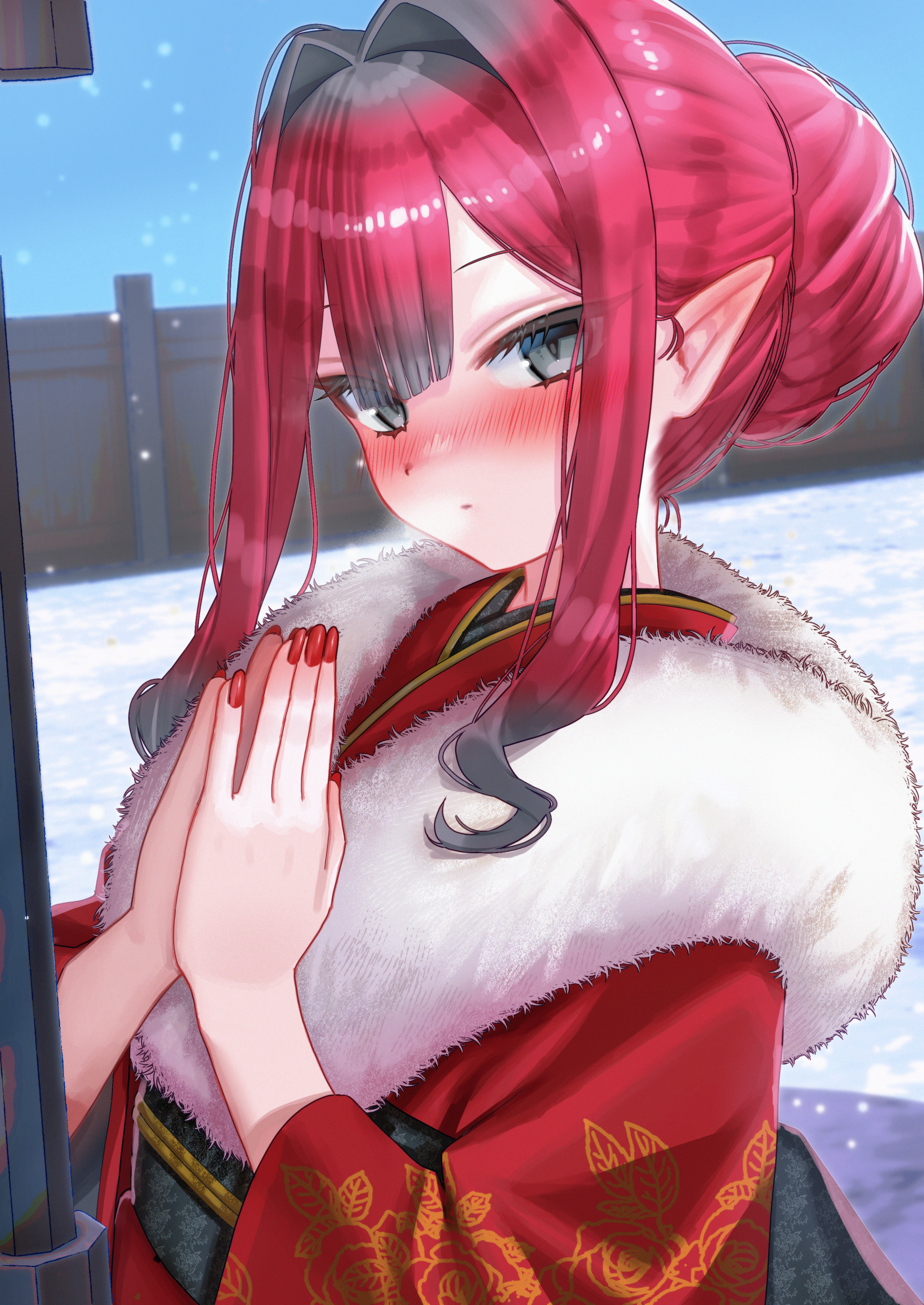 katashiro, baobhan sith (fate), fate/grand order, fate (series), absurdres, commentary request, highres, 1girl, blush, grey eyes, hair bun, japanese clothes, kimono, looking at viewer, own hands together, pink hair, pointy ears, praying, red kimono, sidelocks, snow, snowing, solo