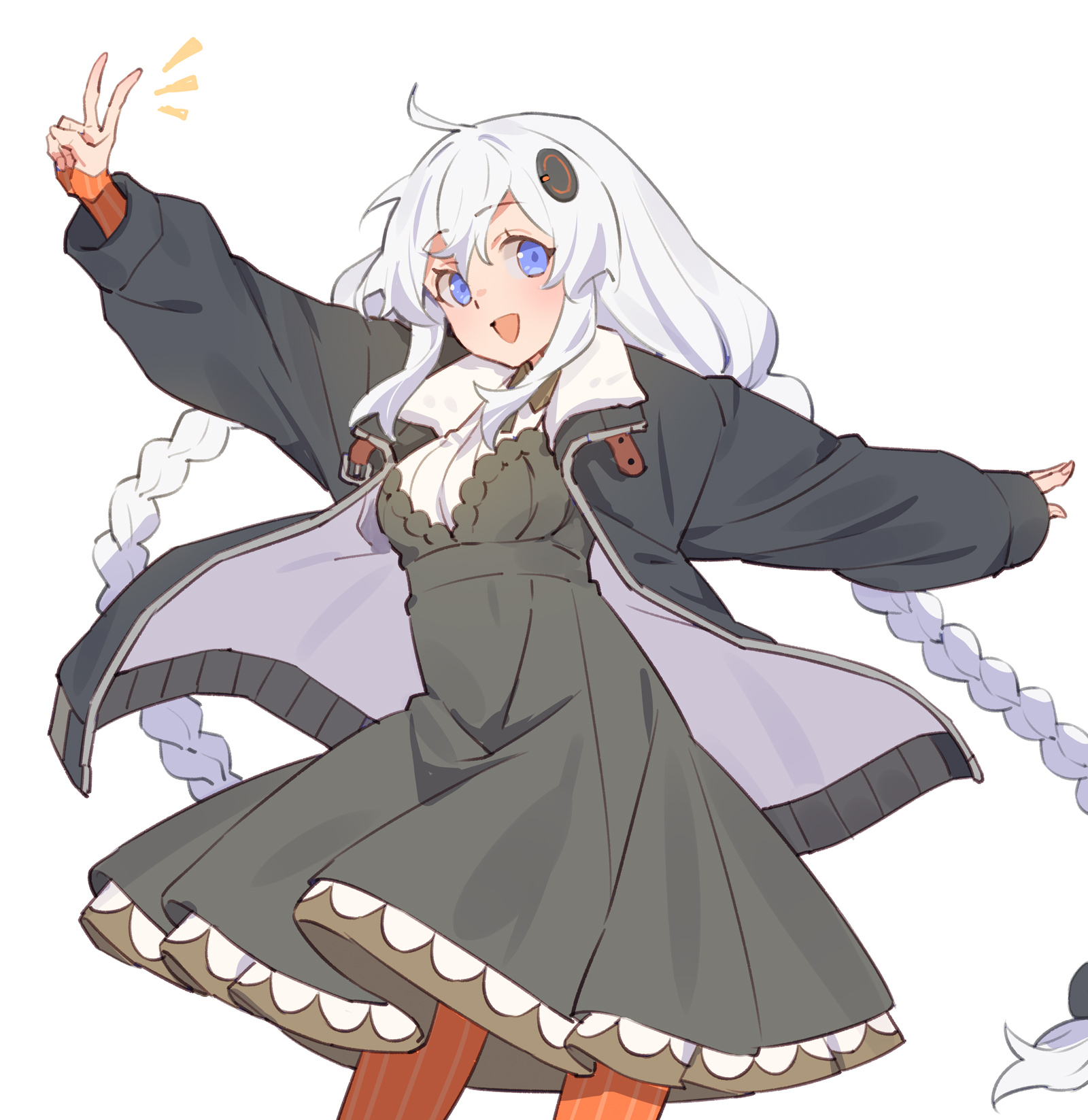 yamamomo (plank), kizuna akari, vocaloid, voiceroid, highres, 1girl, blue eyes, blush, braid, dress, jacket, long hair, looking at viewer, open clothes, open jacket, open mouth, orange pantyhose, pantyhose, simple background, smile, solo, twin braids, v, very long hair, white background, white hair