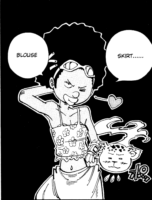 chocolove mcdonell, mic jaguar, shaman king, hard-translated, third-party edit, translated, 1boy, afro, armpits, camisole, crossdressing, crossdressing (mtf), dark-skinned male, dark skin, eyewear on head, greyscale, lips, male focus, midriff, monochrome, navel, one eye closed, skirt, sunglasses, wink