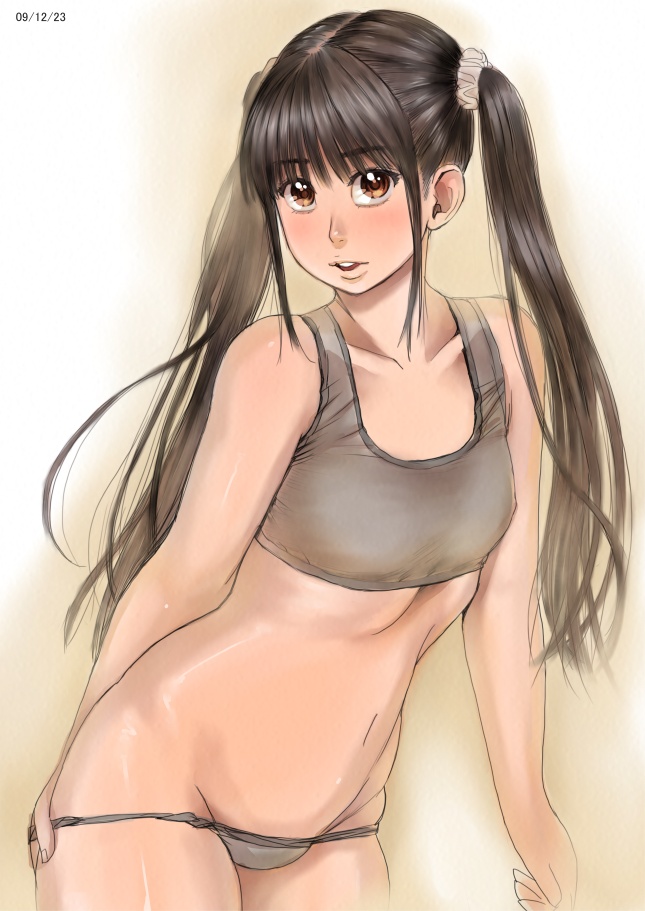 zenkou, chitose (zenkou), original, 1girl, black hair, blush, bra, brown hair, dated, dressing, female focus, flat chest, grey bra, grey panties, groin, looking at viewer, lowleg, lowleg panties, navel, panties, panty pull, parted lips, shiny skin, solo, sports bra, stomach, twintails, underwear, underwear only
