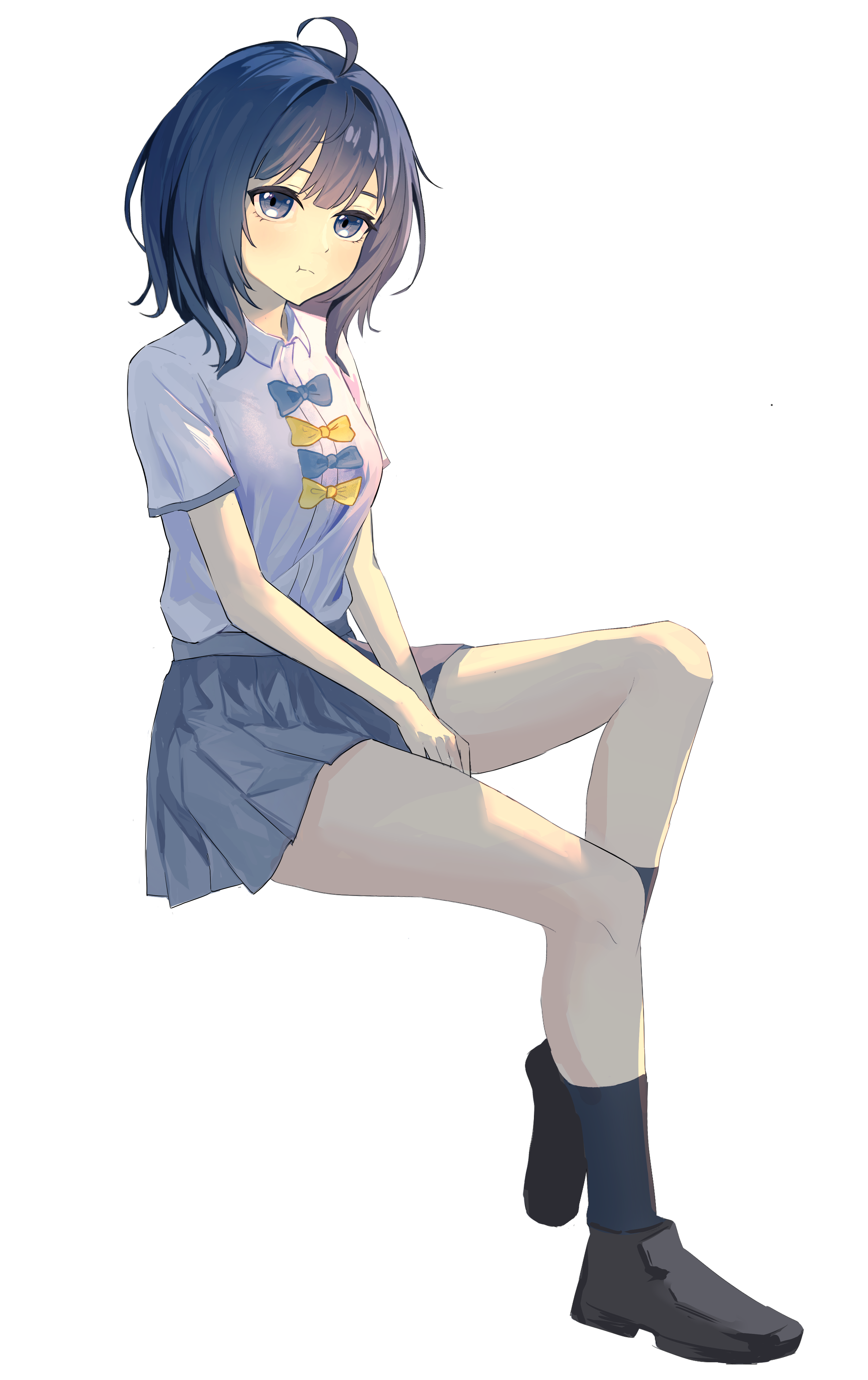 k2s, yanami anna, make heroine ga oo sugiru!, absurdres, chinese commentary, commentary request, highres, 1girl, ahoge, black shoes, blue bow, blue bowtie, blue eyes, blue hair, blue socks, bow, bowtie, closed mouth, collared shirt, full body, grey skirt, invisible chair, looking at viewer, medium hair, miniskirt, pleated skirt, pout, school uniform, shirt, shirt tucked in, shoes, short sleeves, simple background, sitting, skirt, socks, solo, summer uniform, tsuwabuki high school uniform, white background, white shirt, yellow bow, yellow bowtie
