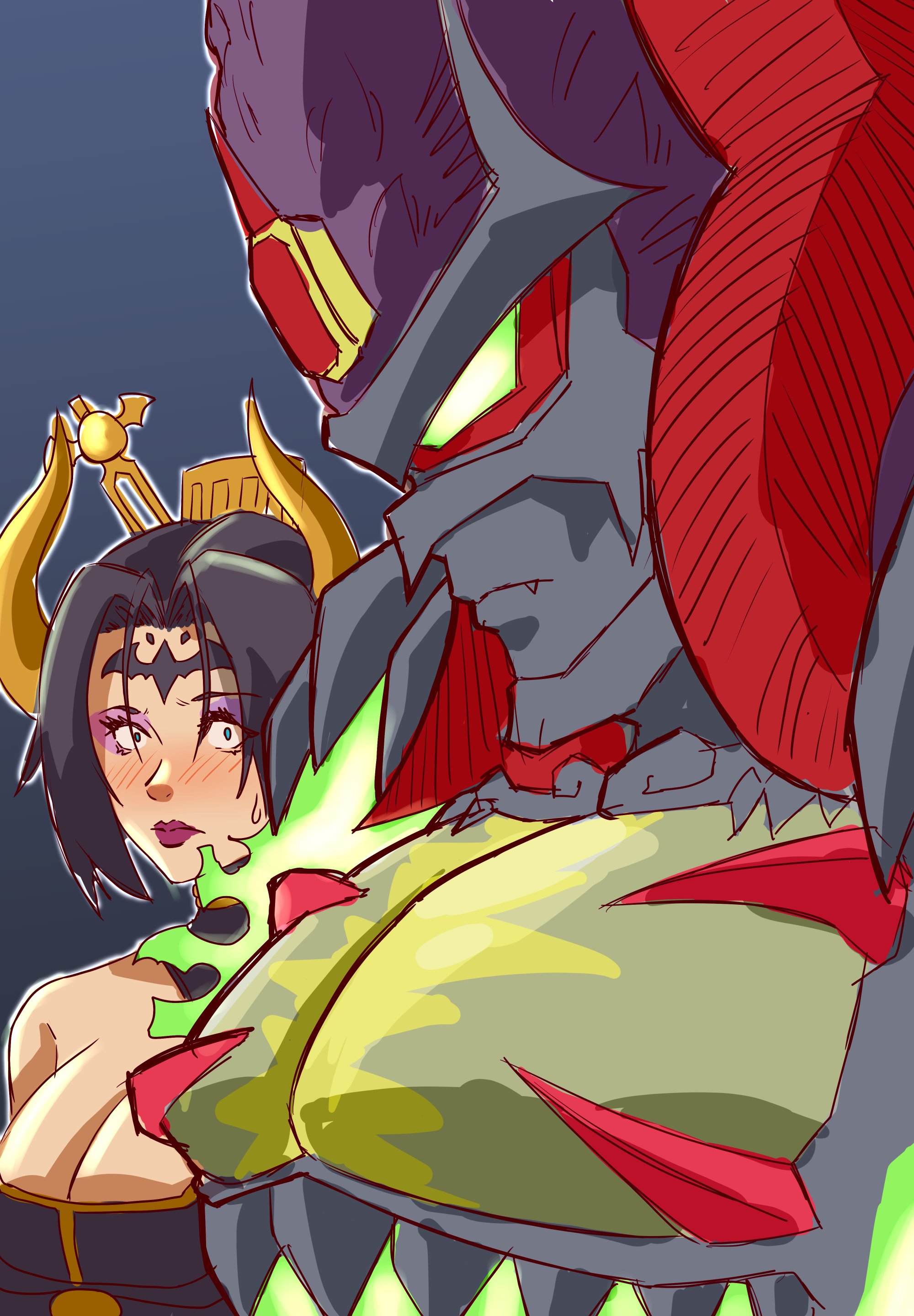 richard park, demon (digimon), demon x-antibody, lilithmon, digimon, absurdres, commentary, english commentary, highres, 1boy, 1girl, bare shoulders, black hair, blue background, blue eyes, blush, breast envy, breasts, cleavage, demon boy, digimon (creature), eyeshadow, from side, green eyes, makeup, profile, purple eyeshadow, purple lips, simple background, sketch, solo focus, surprised, upper body