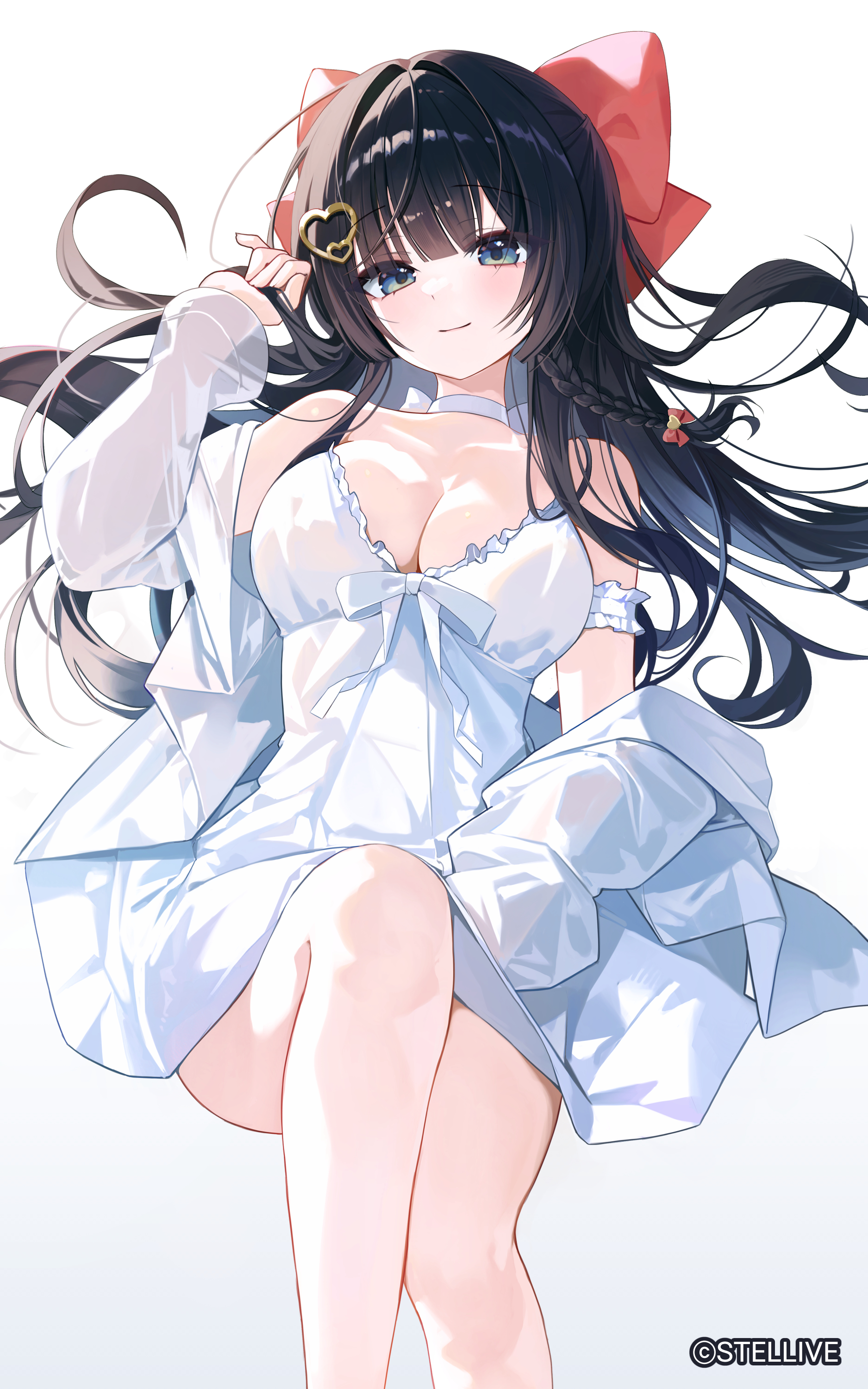 myowa, shirayuki hina, stellive, absurdres, commentary request, highres, 1girl, arm garter, bare legs, bare shoulders, black hair, blue eyes, bow, braid, breasts, choker, cleavage, closed mouth, dress, floating hair, hair bow, hair ornament, hairclip, hand up, heart, heart hair ornament, jacket, large breasts, long hair, long sleeves, looking at viewer, off shoulder, open clothes, open jacket, sleeveless, sleeveless dress, smile, solo, sundress, thighs, virtual youtuber, white choker, white dress, white jacket