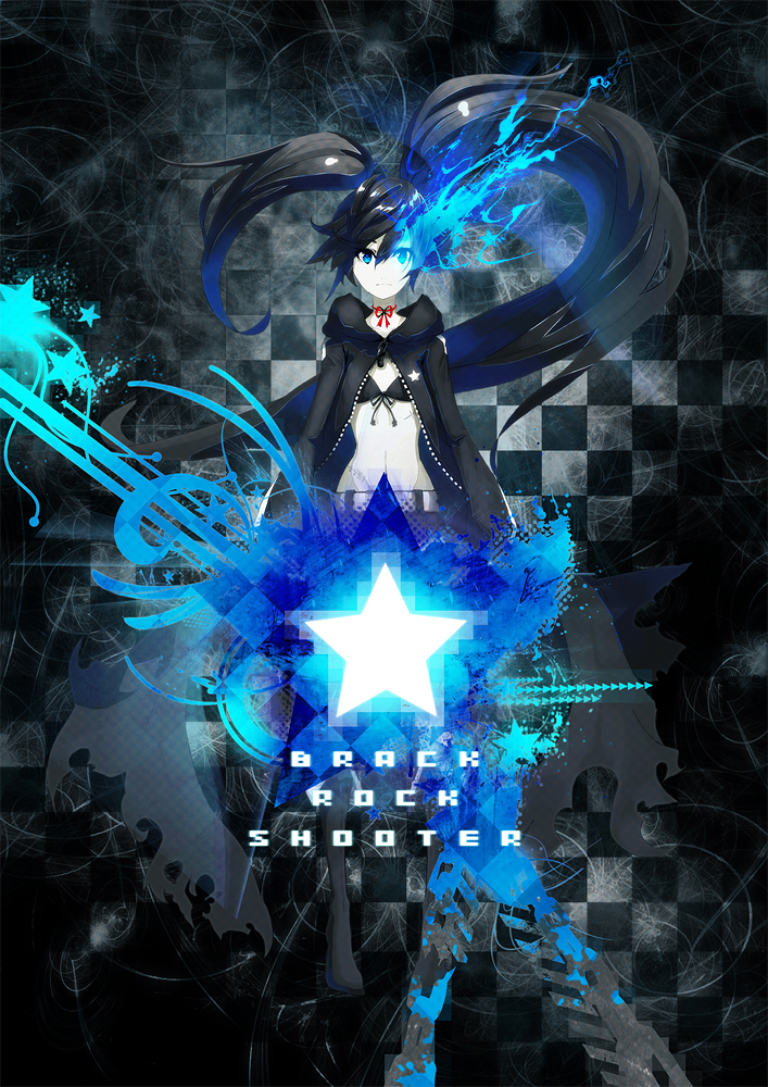 maximum show, black rock shooter (character), black rock shooter, 10s, 1girl, bikini, bikini top only, black hair, blue eyes, female focus, glowing, glowing eyes, long hair, navel, pale skin, ranguage, scar, shorts, solo, star (symbol), swimsuit, twintails, uneven twintails, very long hair