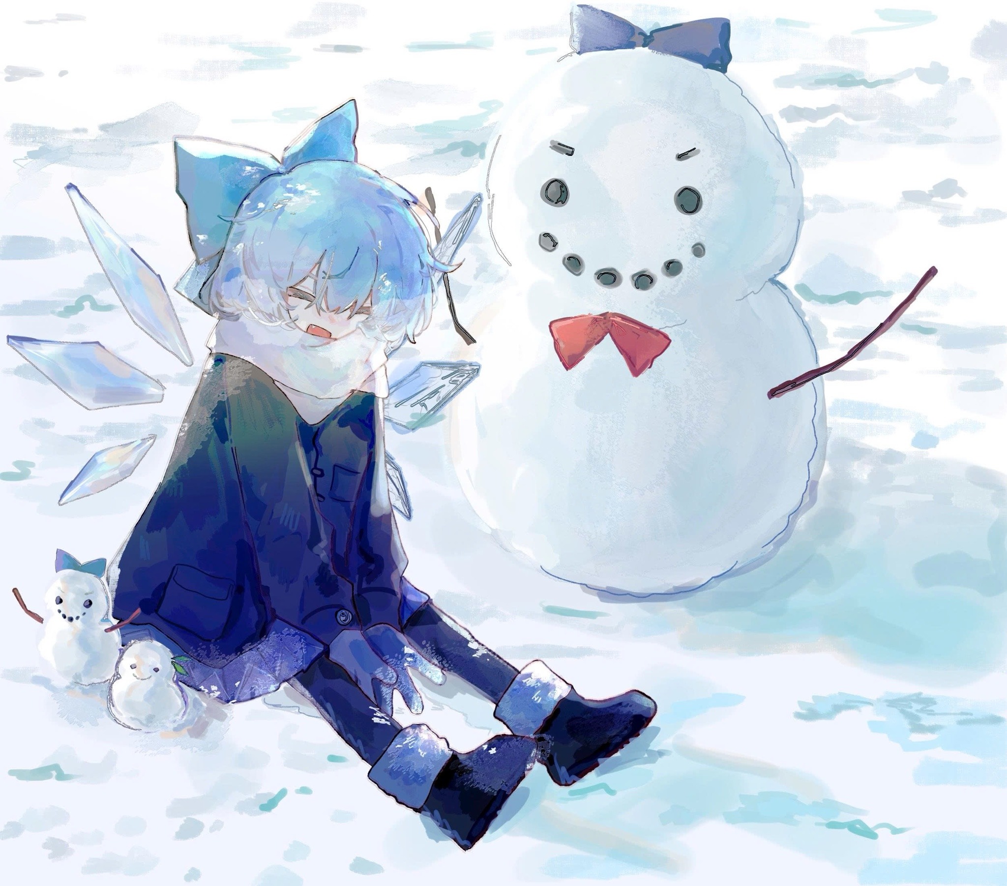 illtenji, cirno, touhou, character snowman, commentary, english commentary, highres, >:), 1girl, alternate costume, black boots, blue bow, blue coat, blue gloves, blue hair, blue pantyhose, blue skirt, boots, bow, bowtie, closed eyes, coat, fur-trimmed boots, fur trim, gloves, hair bow, happy, ice, ice wings, laughing, open mouth, own hands together, pantyhose, red bow, red bowtie, scarf, short hair, sitting, skirt, snow, snowman, solo, v-shaped eyebrows, white scarf, wings, winter, winter clothes