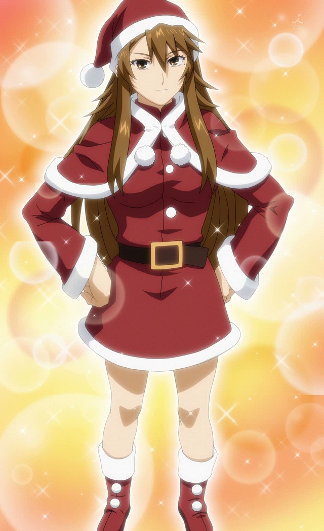 sumiyoshi kanako, nyan koi!, anime screenshot, 00s, bishie sparkle, brown hair, christmas, long hair, mole, mole under eye, santa costume, solo, sparkle