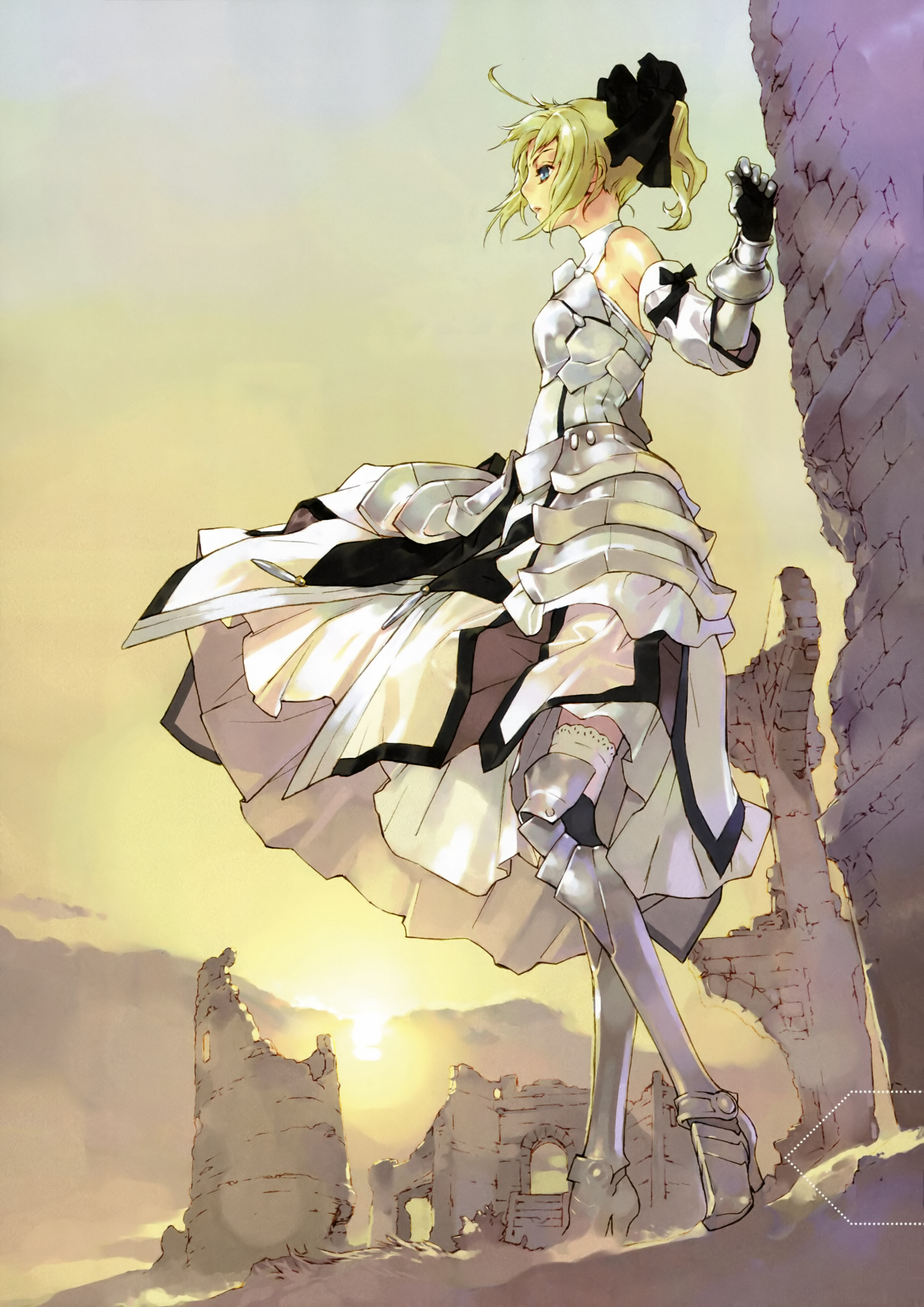 okazaki takeshi, artoria pendragon (fate), saber (fate), saber lily, capcom, fate/stay night, fate/unlimited codes, fate (series), type-moon, absurdres, highres, scan, 00s, 1girl, armor, armored dress, bare shoulders, blonde hair, blue eyes, bow, cloud, dawn, detached sleeves, dress, faulds, female focus, fog, gauntlets, hair ribbon, lace, landscape, outdoors, ponytail, profile, ribbon, ruins, sky, solo, sunrise, thighhighs, white dress