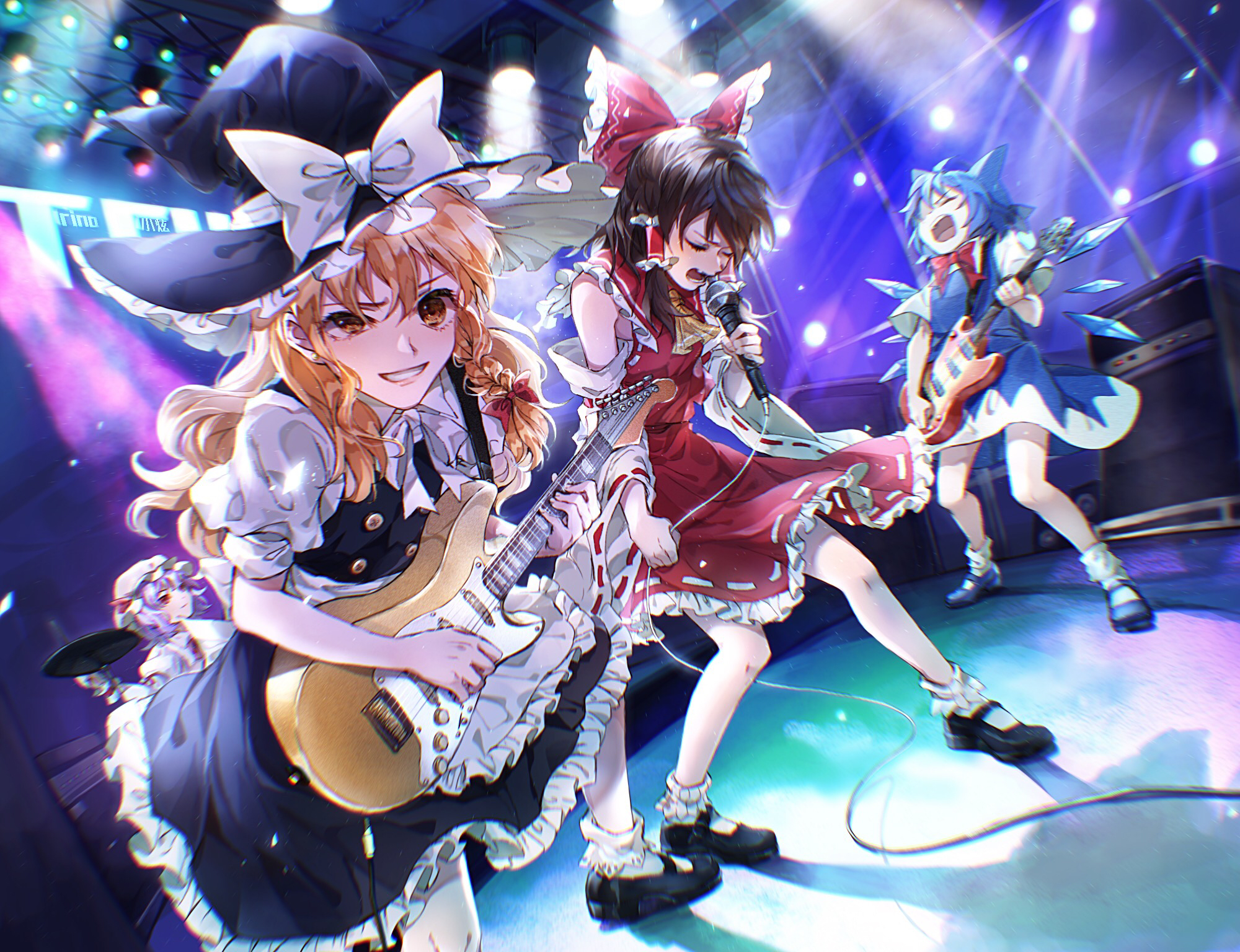 aihara-rina, cirno, hakurei reimu, kirisame marisa, remilia scarlet, touhou, chinese commentary, commentary request, highres, 4girls, apron, ascot, band (music), black hat, black shoes, black skirt, black vest, blonde hair, bow, bowtie, braid, brown hair, closed mouth, detached sleeves, frilled bow, frilled hair tubes, frilled skirt, frills, grin, guitar, hair bow, hair tubes, hat, hat bow, hat ribbon, holding, holding guitar, holding instrument, holding microphone, instrument, long hair, mary janes, microphone, mob cap, multiple girls, music, open mouth, puffy short sleeves, puffy sleeves, purple hair, red bow, red bowtie, red eyes, red skirt, ribbon, ribbon-trimmed sleeves, ribbon trim, shadow, shirt, shoes, short sleeves, side braid, singing, single braid, skirt, skirt set, smile, socks, speaker, stage, stage lights, vest, waist apron, white bow, white bowtie, white hat, white shirt, white socks, witch hat, yellow ascot, yellow eyes