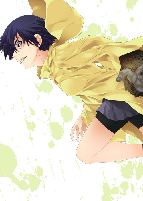 mizuki makoto, kanbaru suruga, rainy devil, bakemonogatari, monogatari (series), spoilers, 00s, 1girl, angry, bike shorts, black hair, blue hair, female focus, short hair, skirt, solo
