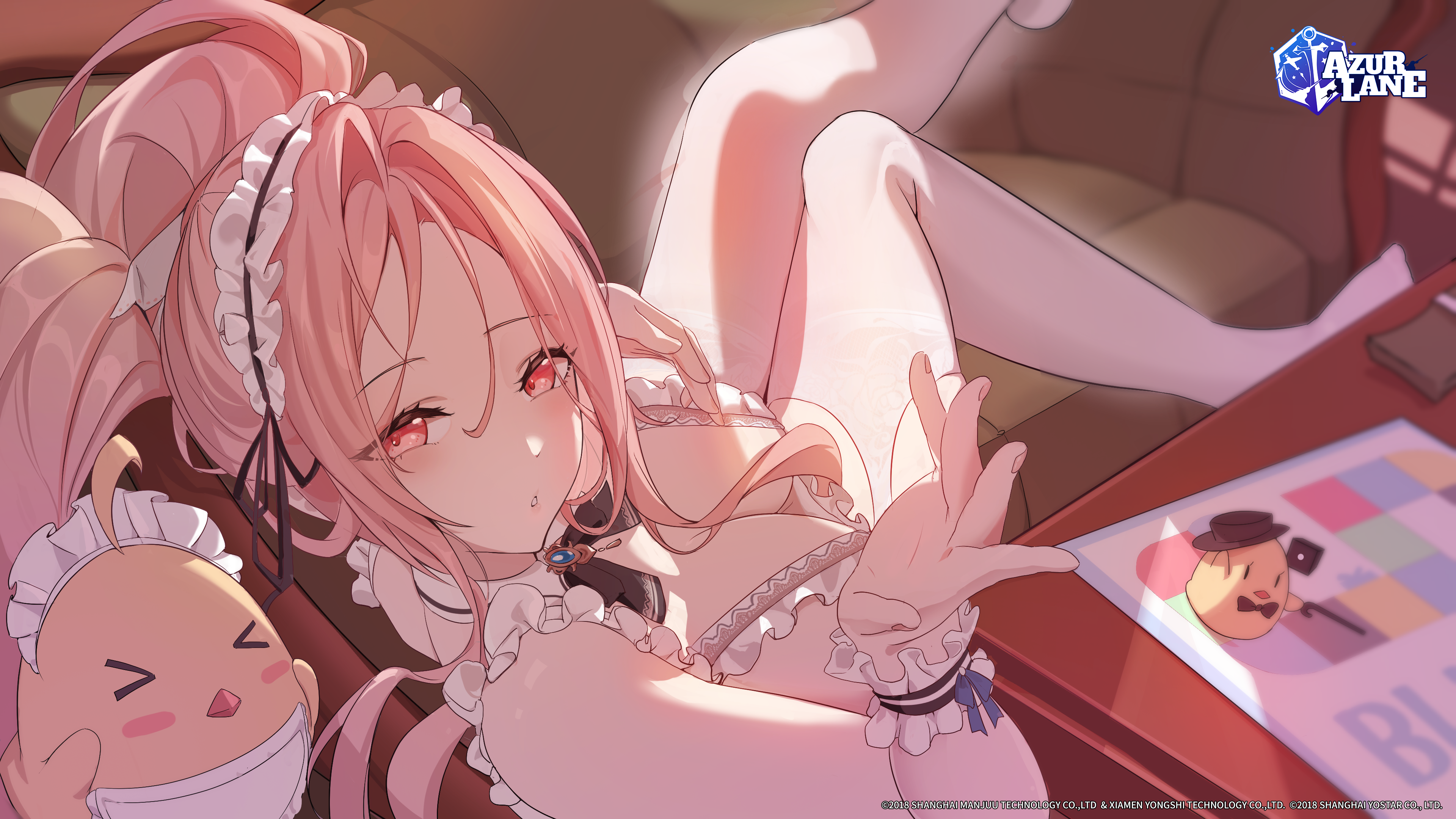 yuyiosang, manjuu (azur lane), azur lane, absurdres, commentary request, highres, 1girl, alternate costume, bare shoulders, blush, breasts, cleavage, copyright logo, copyright name, enmaided, garter straps, lexington ii (azur lane), lexington ii (the fluffiest of maids) (azur lane), logo, long hair, looking at viewer, maid, maid headdress, official alternate costume, parted lips, pink eyes, pink hair, ponytail, solo, thighhighs, very long hair, white garter straps, white thighhighs