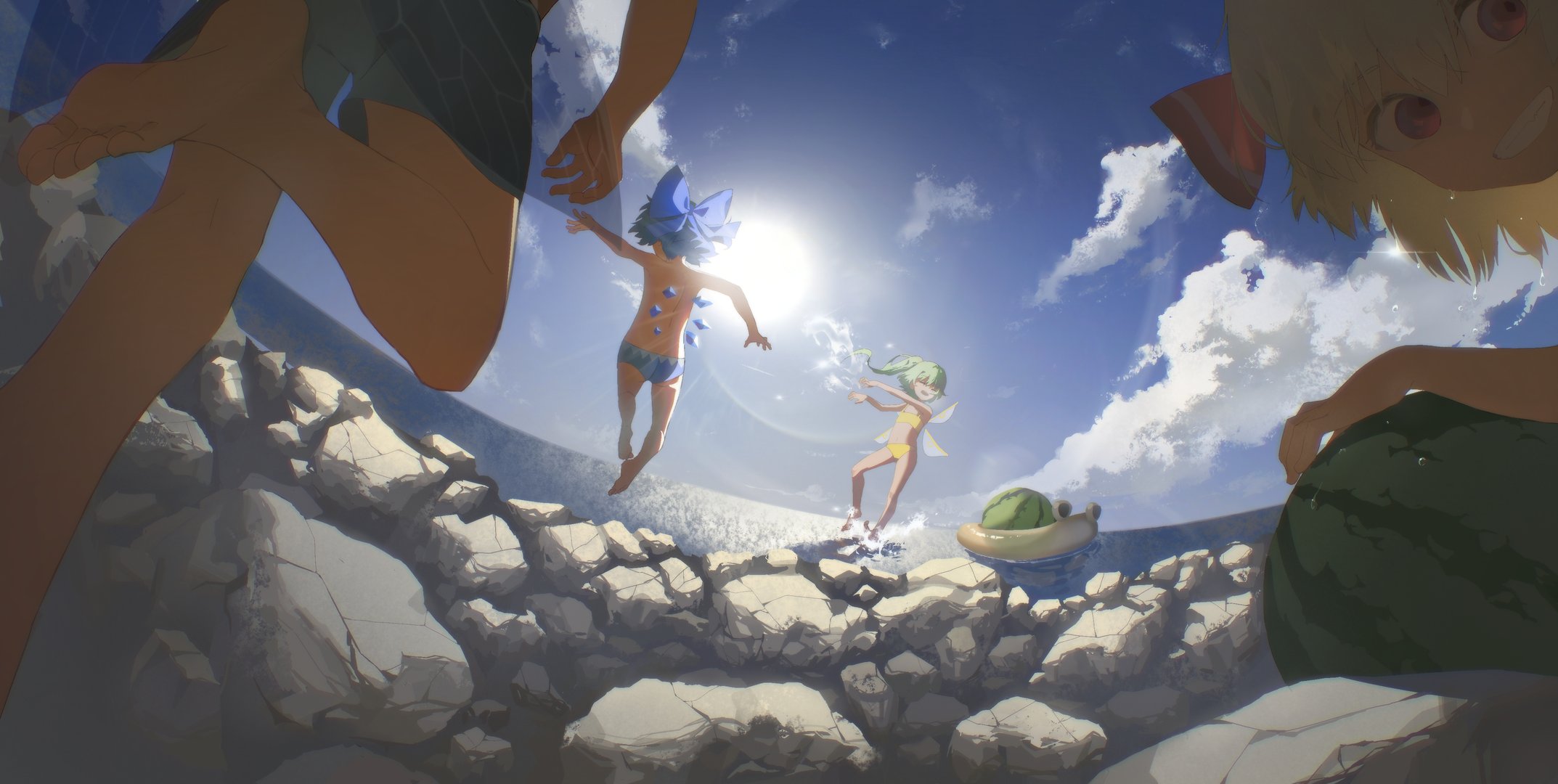 kinoko (kino2435006), cirno, daiyousei, rumia, touhou, character request, commentary request, highres, 4girls, blue sky, cloud, cloudy sky, fairy, horizon, multiple girls, ocean, rock, shore, sky, sun