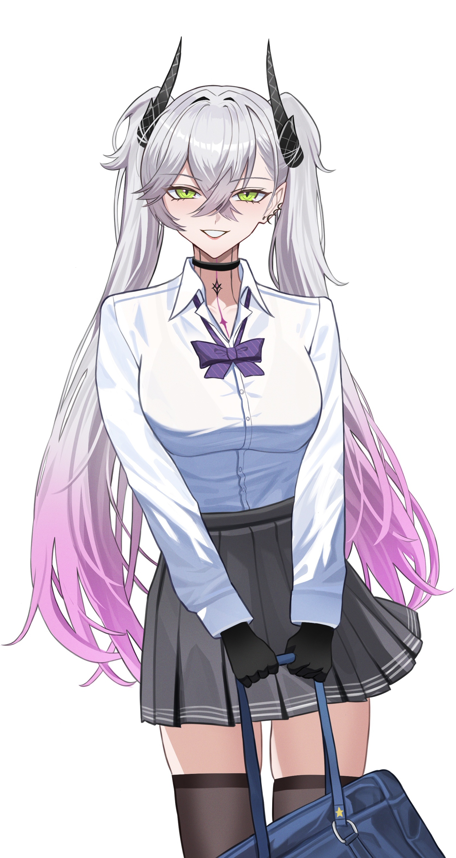 kaworu13, lilith (fate), fate/grand order, fate (series), absurdres, commentary request, highres, 1girl, bag, black skirt, black thighhighs, breasts, demon horns, gradient hair, green eyes, grin, horns, large breasts, long hair, multicolored hair, neck tattoo, pink hair, pleated skirt, school bag, shirt, skirt, smile, solo, tattoo, thighhighs, twintails, white hair, white shirt