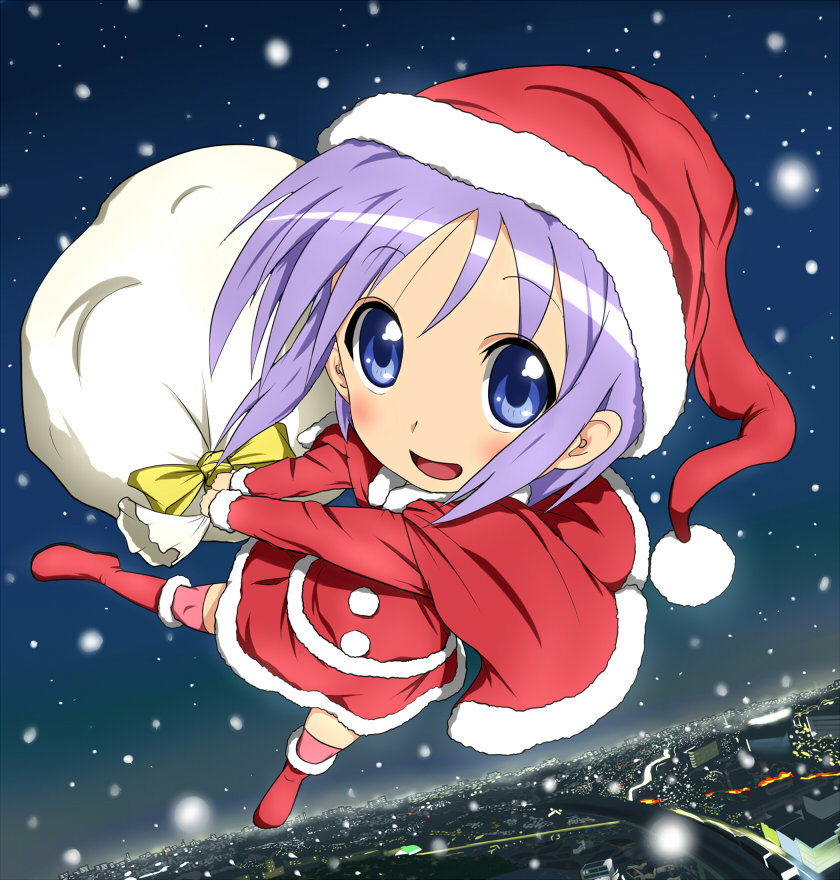 orange-pengin, hiiragi tsukasa, lucky star, 00s, 1girl, blue eyes, boots, christmas, cityscape, female focus, flying, foreshortening, full body, hat, landscape, night, outdoors, perspective, purple hair, sack, santa costume, santa hat, short hair, sky, snow, solo, thighhighs, v arms