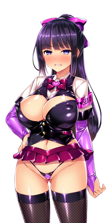 satou kuuki, kisaragi nozomi, shinsou seiki elementia, game cg, large variant set, non-web source, official art, variant set, 1girl, adapted uniform, armband, black hair, black thighhighs, blunt bangs, blush, bow, bowtie, breasts, bridal gauntlets, cleavage, cleavage cutout, clenched teeth, clothing cutout, covered erect nipples, elbow gloves, fishnet thighhighs, fishnets, g-string, gloves, gluteal fold, hair bow, hand on own hip, heart, high ponytail, highleg, highleg panties, large breasts, long hair, looking at viewer, micro panties, microskirt, navel, panties, pleated skirt, ponytail, purple bow, purple eyes, shiny skin, sidelocks, skirt, solo, standing, string panties, teeth, thighhighs, thong, transparent background, underwear