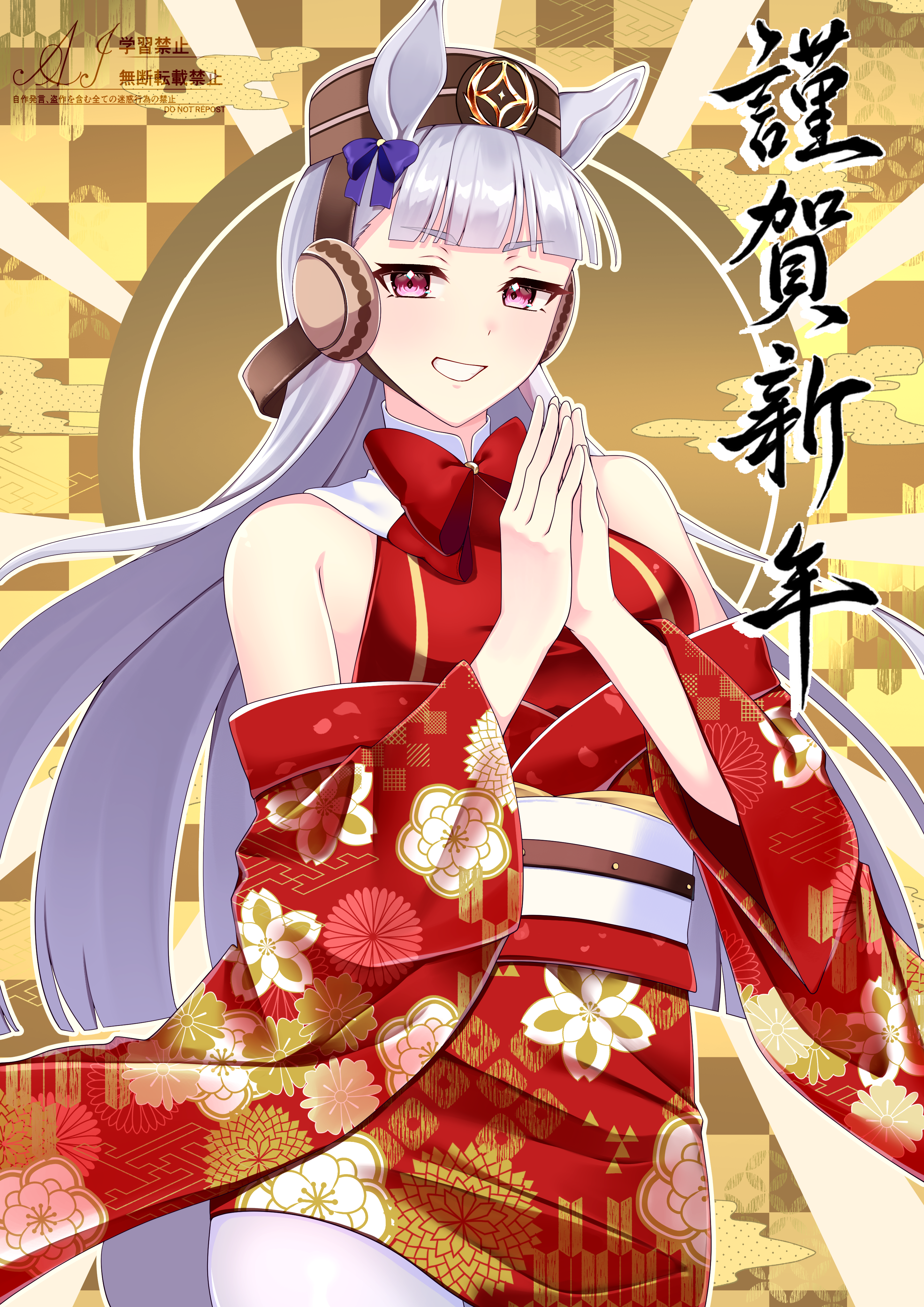 22 zefar, gold ship (red strife) (umamusume), gold ship (umamusume), umamusume, absurdres, commentary request, highres, 1girl, animal ears, blunt bangs, blush, bow, bowtie, breasts, brown hat, dress, ear bow, floral print, floral print kimono, grey hair, grin, hat, horse ears, horse girl, horse tail, japanese clothes, kimono, long hair, looking at viewer, open mouth, own hands clasped, own hands together, pantyhose, pillbox hat, print kimono, purple bow, purple eyes, red bow, red bowtie, red dress, red kimono, sleeveless, sleeveless dress, smile, solo, tail, teeth, white pantyhose