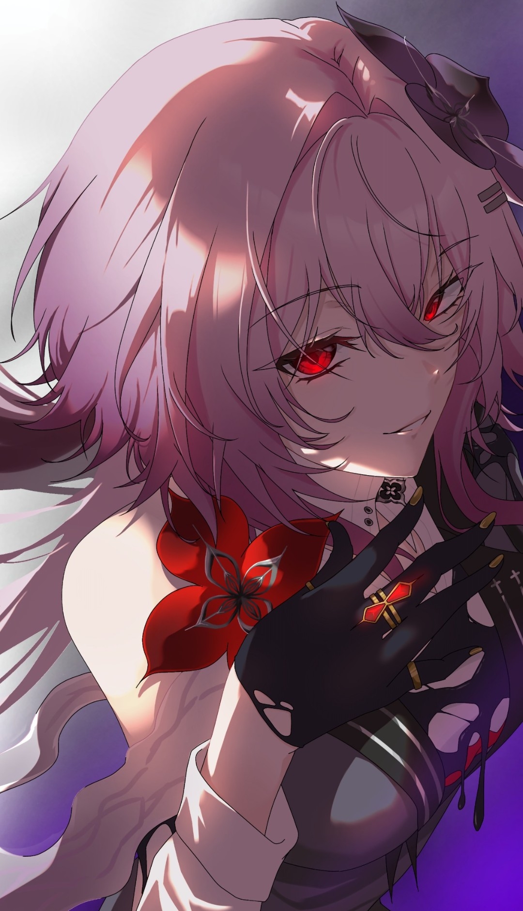 evernight (honkai: star rail), march 7th (honkai: star rail), honkai: star rail, honkai (series), commentary request, highres, 1girl, black flower, breasts, dress, fingernails, flower, gloves, hair flower, hair ornament, hairclip, jewelry, layered dress, long hair, parallel hairclips, pink hair, red eyes, red flower, ring, single bare shoulder, smile, user jfjn5548