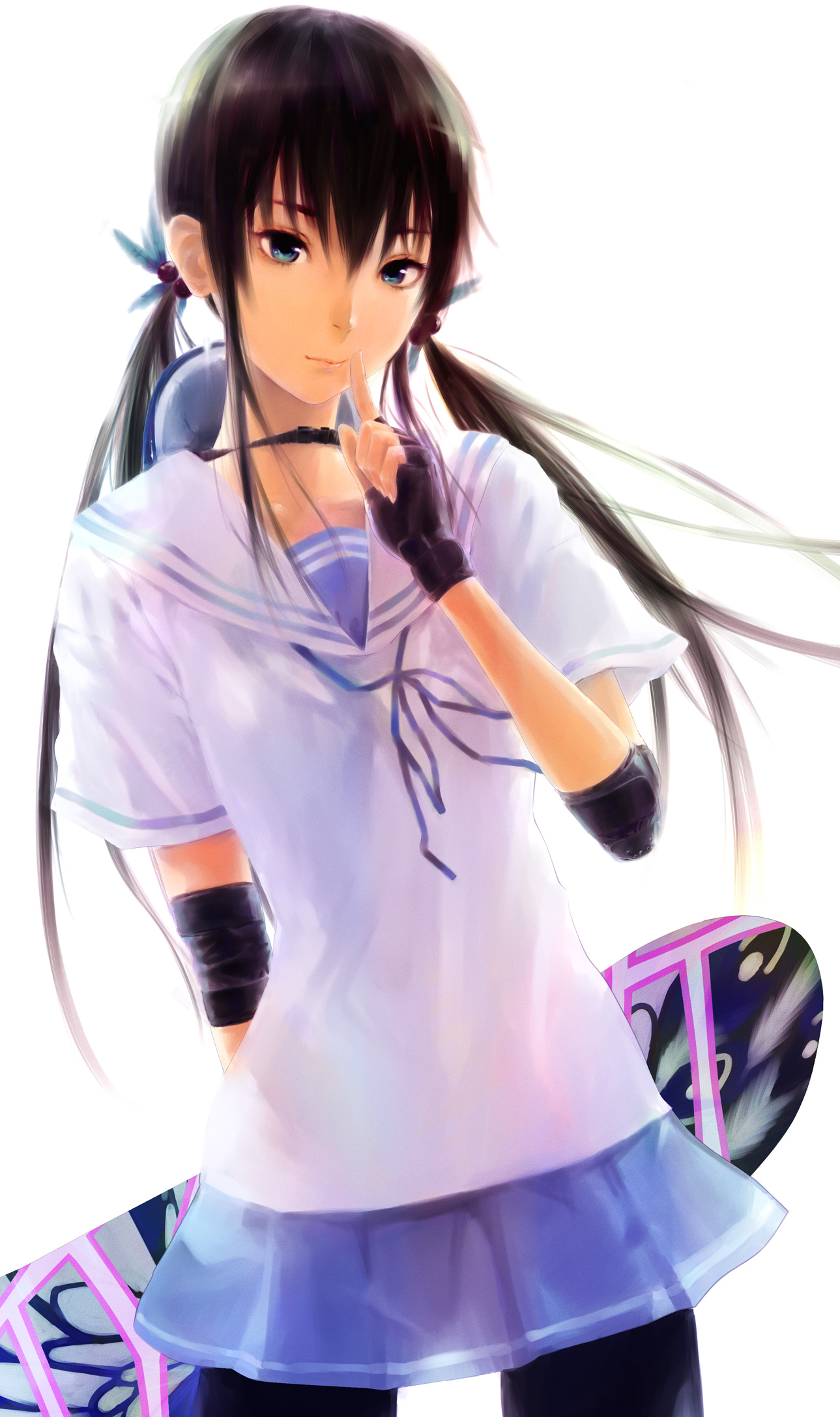 bunnymenjdno, kawakami rokkaku, original, bad id, bad pixiv id, highres, 1girl, black hair, blue eyes, female focus, finger to mouth, fingerless gloves, gloves, hair bobbles, hair ornament, hand to own mouth, helmet, long hair, miniskirt, pantyhose, school uniform, serafuku, shushing, skateboard, skirt, solo, twintails