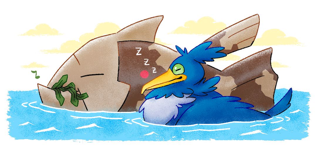 gotchibam, cramorant, relicanth, nintendo, pokemon, commentary, english commentary, beak, bird, closed eyes, fish, gen 3 pokemon, gen 8 pokemon, green eyes, no humans, pokemon (creature), sleeping, water, zzz