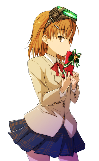 nekomamire, misaka imouto, toaru kagaku no railgun, toaru majutsu no index, 00s, 1girl, bow, bowtie, brown eyes, brown hair, brown jacket, buttons, christmas, christmas present, feet out of frame, female focus, from side, gift, glowing, hair ornament, hairclip, head-mounted display, holding, holding gift, holding present, jacket, knees out of frame, light brown jacket, looking at viewer, looking to the side, medium hair, miniskirt, plaid clothes, plaid skirt, pleated skirt, school uniform, shirt, simple background, skirt, solo, t-shirt, thighs, tokiwadai school uniform, white background
