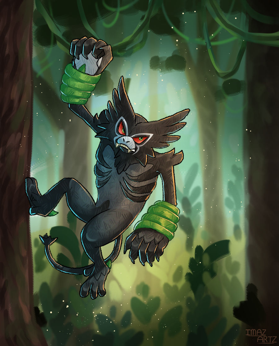 imazartz, zarude, nintendo, pokemon, commentary, english commentary, artist name, claws, colored sclera, fangs, forest, full body, gen 8 pokemon, green eyes, leaf, mythical pokemon, nature, nostrils, outdoors, plant, pokemon (creature), pokemon focus, red sclera, sharp teeth, solo, teeth, vines