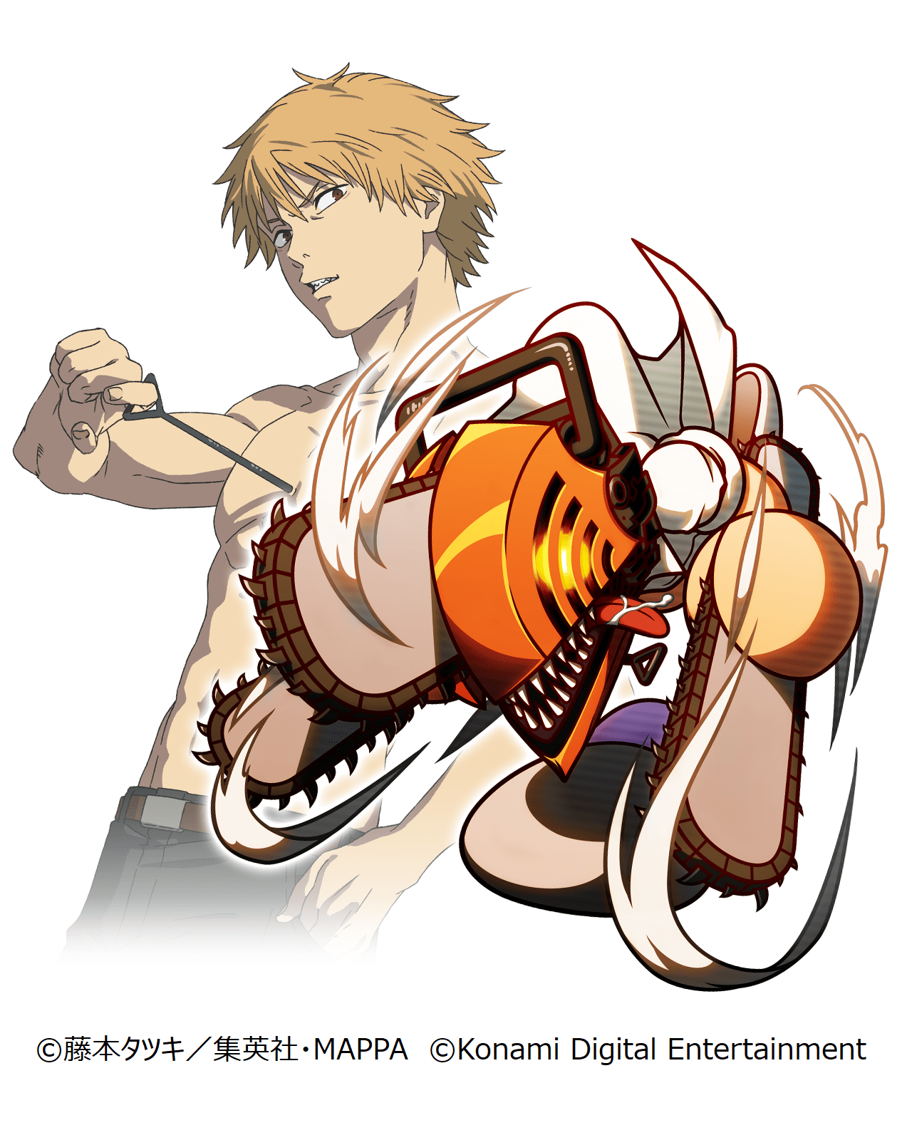 denji (chainsaw man), chainsaw man, jikkyou powerful pro yakyuu, konami, power pro appli, artist request, highres, official art, second-party source, 2boys, abs, attack trail, ball hands, belt, belt buckle, black pants, black shoes, blonde hair, broad shoulders, brown belt, brown eyes, buckle, chainsaw, collarbone, company name, copyright notice, cowboy shot, crossover, dress pants, dress shirt, fingernails, full body, glowing, hand in pocket, head tilt, multiple boys, nose, nostrils, official art inset, open clothes, open shirt, pants, parted lips, partially shaded face, pectorals, projected inset, pull cord, rayman limbs, saliva, sanpaku, sharp teeth, shirt, shoes, short sleeves, simple background, skinny, sleeves pushed up, studio mappa, teeth, thick lineart, toned, toned male, tongue, tongue out, topless male, v-shaped eyebrows, white shirt, white sleeves, yellow eyes