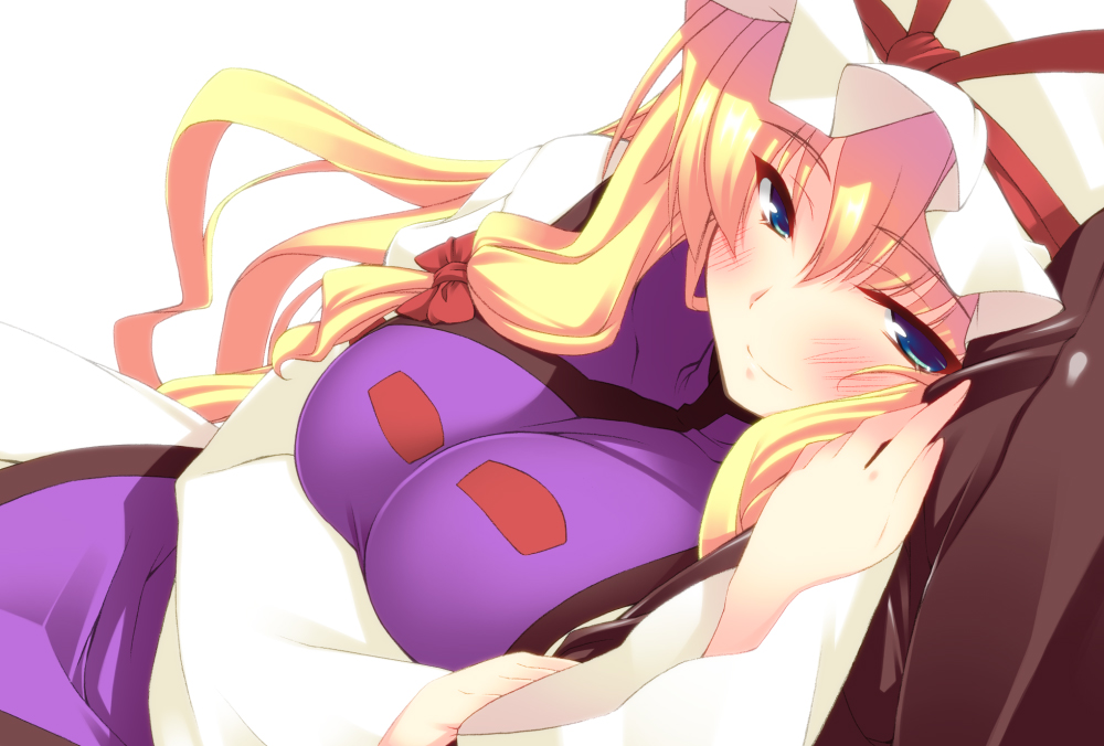 hyouju issei, tsukiyo-b, yakumo yukari, touhou, 1girl, arm hug, blonde hair, blue eyes, blush, breasts, dutch angle, hat, large breasts, long hair, looking at viewer, lying, solo focus