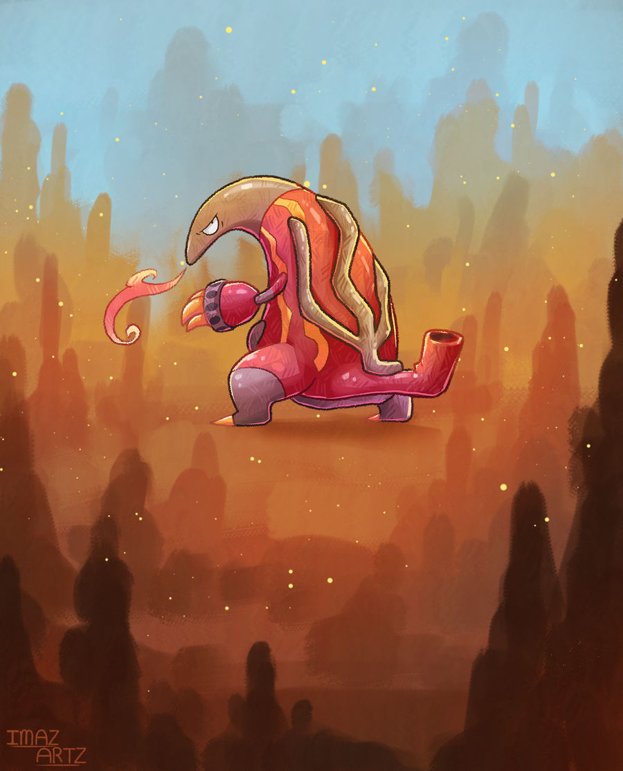 imazartz, heatmor, nintendo, pokemon, commentary, english commentary, artist name, fire, full body, gen 5 pokemon, looking back, no humans, outdoors, pokemon (creature), pokemon focus, solo, standing