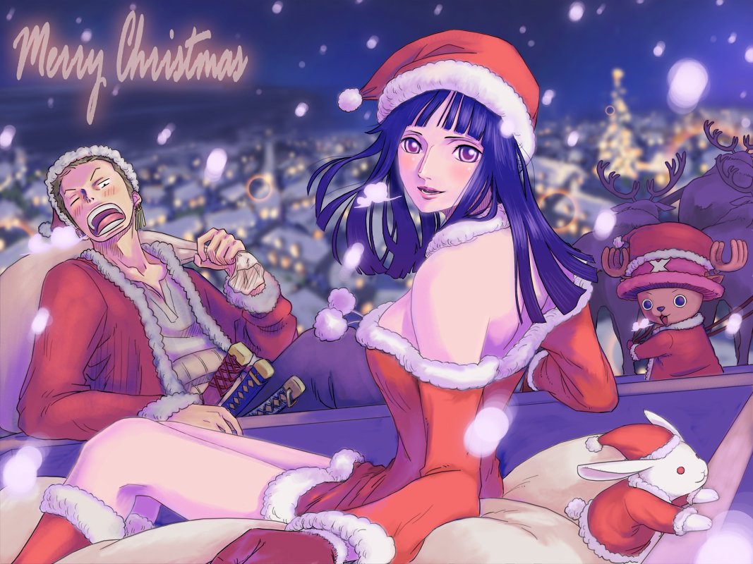 zugan (berugkamp), nico robin, roronoa zoro, tony tony chopper, one piece, 1boy, 1girl, bare shoulders, black hair, boots, christmas, detached sleeves, hat, long hair, rabbit, santa costume, santa hat