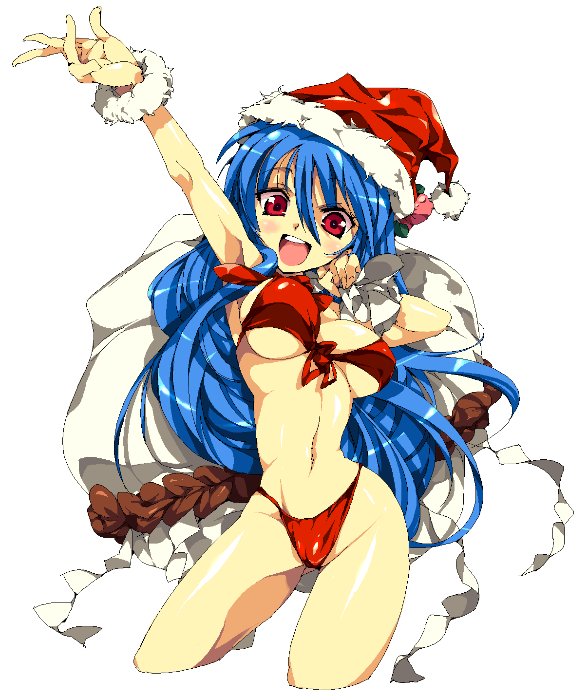 kugimiya atsuki, hinanawi tenshi, touhou, bad id, bad pixiv id, highres, 1girl, :d, alternate breast size (larger), arm up, armpits, bikini, blue hair, breasts, christmas, cropped legs, female focus, front-tie top, hat, highleg, highleg bikini, large breasts, long hair, narrow waist, navel, oekaki, open mouth, outstretched arm, red bikini, red eyes, sack, santa bikini, santa costume, santa hat, smile, solo, swimsuit, wrist cuffs
