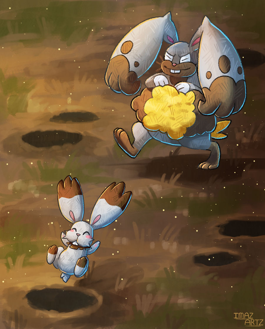 imazartz, bunnelby, diggersby, nintendo, pokemon, commentary, english commentary, artist name, blush, blush stickers, buck teeth, closed eyes, evolutionary line, full body, gen 6 pokemon, grass, hole, no humans, outdoors, pokemon (creature), pokemon focus, smile, teeth