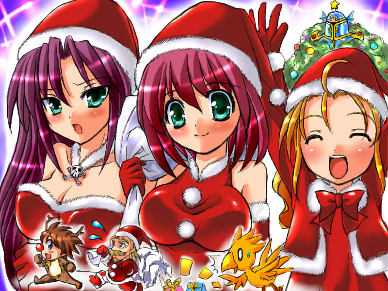 oonishi koala, bartz klauser, boco, chocobo, exdeath, faris scherwiz, galuf halm baldesion, krile mayer baldesion (ff5), lenna charlotte tycoon, final fantasy, final fantasy v, 1990s (style), 2boys, 3girls, animal costume, armor, bag, bare shoulders, blonde hair, blush, breasts, brown hair, christmas, cleavage, closed eyes, everyone, facial hair, flapper shirt, gift, green eyes, hat, helmet, long hair, multiple boys, multiple girls, mustache, open mouth, pink hair, purple hair, reindeer costume, sack, santa costume, santa hat, shirt, short hair, smile, star (symbol), tree