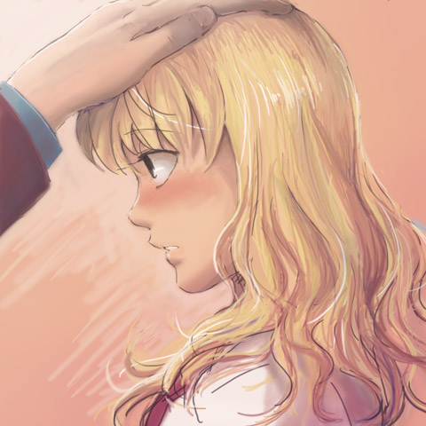 furutachirikonbu, ushiromiya jessica, ushiromiya krauss, umineko no naku koro ni, lowres, 00s, 1girl, blonde hair, blush, hair down, headpat, solo focus