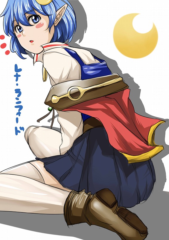 cholesenel, rena lanford, star ocean, star ocean: the second story, 1girl, blue eyes, blue hair, blush, elf, female focus, looking back, matching hair/eyes, miniskirt, pointy ears, shoes, short hair, sitting, skirt, solo, thighhighs, white background