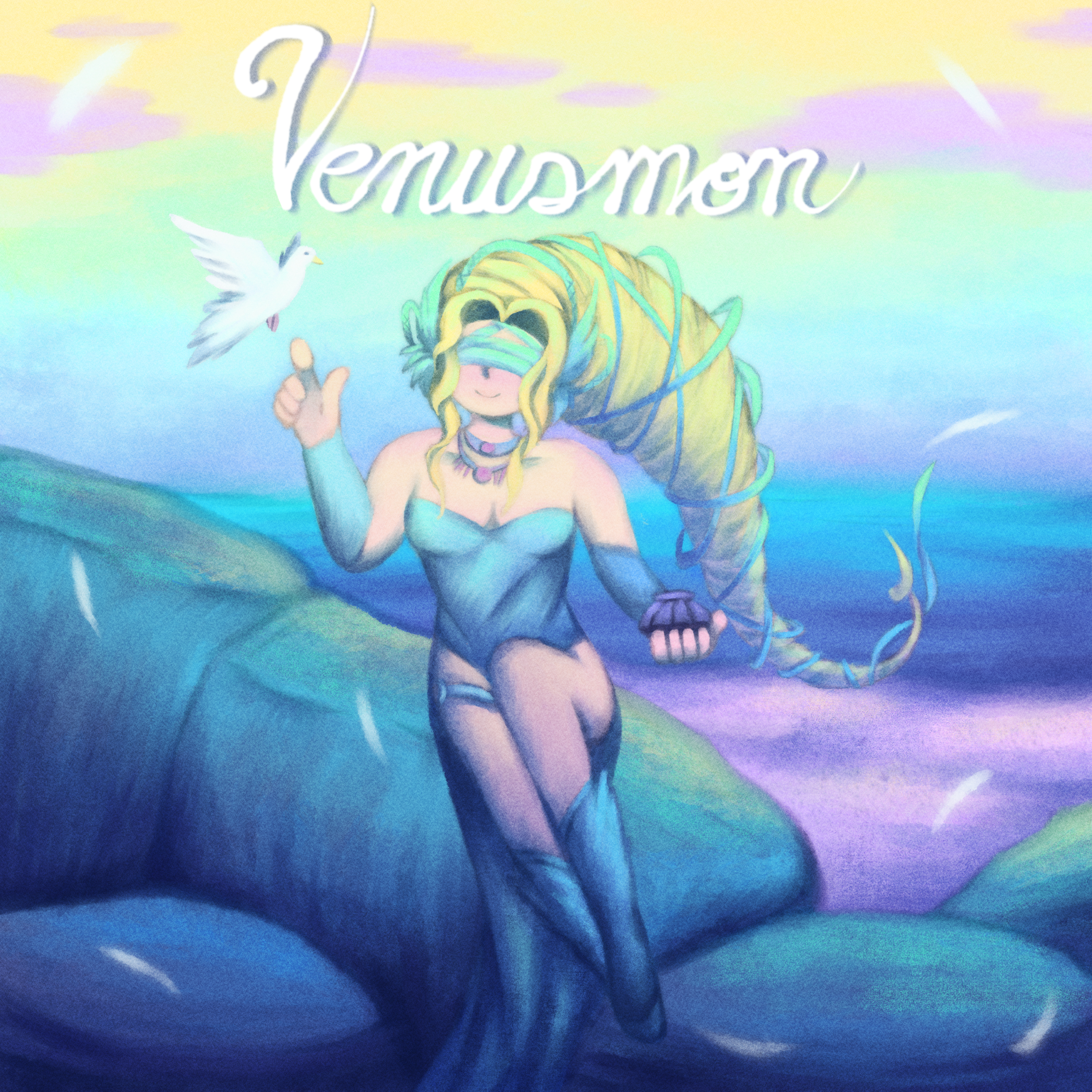 fortunemagex, olive (digimon), venusmon, digimon, digimon story: time stranger, absurdres, commentary request, highres, beach, bird, blindfold, blonde hair, boots, character name, clam, cloud, covered eyes, day, digimon (creature), dove, dress, drill hair, falling feathers, feathers, holding, holding shell, jewelry, necklace, o-ring, o-ring bottom, o-ring panties, ocean, outdoors, panties, reaching, rock, sand, scallop, shell, sky, strapless, strapless dress, underwear, water, white feathers, wing ears