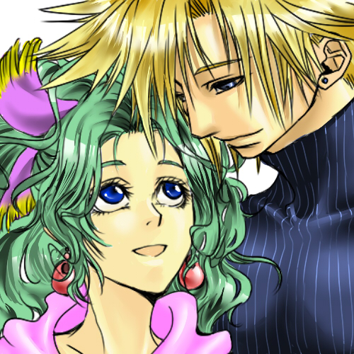 hanataro, taro (116taro), cloud strife, tina branford, dissidia final fantasy, final fantasy, final fantasy vi, final fantasy vii, lowres, 1990s (style), 1boy, 1girl, alternate color, blonde hair, blue eyes, couple, green hair, hetero