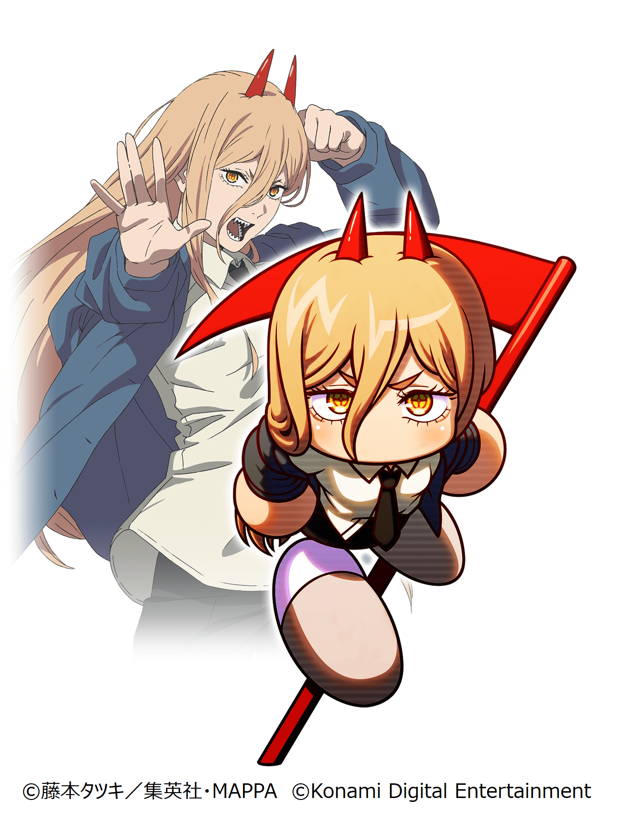 power (chainsaw man), chainsaw man, jikkyou powerful pro yakyuu, konami, power pro appli, artist request, highres, official art, second-party source, 2girls, ball hands, black jacket, black necktie, black pants, black sleeves, blonde hair, blue hood, blue jacket, blue sleeves, blush, brown shoes, clenched hand, clothes down, collared shirt, company name, copyright notice, cowboy shot, cross-shaped pupils, demon girl, demon horns, double-parted bangs, dress pants, dress shirt, eyelashes, full body, hair between eyes, holding, holding polearm, holding weapon, hood, hood down, hooded jacket, horns, jacket, long bangs, long hair, long sidelocks, looking at viewer, multiple girls, necktie, no mouth, no nose, nose, nostrils, official art inset, open clothes, open hand, open jacket, outstretched arm, pants, polearm, projected inset, rayman limbs, red horns, red pupils, ringed eyes, sharp teeth, shirt, shirt partially tucked in, shoes, sidelocks, simple background, sleeve cuffs, spear, studio mappa, symbol-shaped pupils, teeth, thick eyebrows, unbuttoned jacket, weapon, white background, white shirt, wing collar, yellow eyes