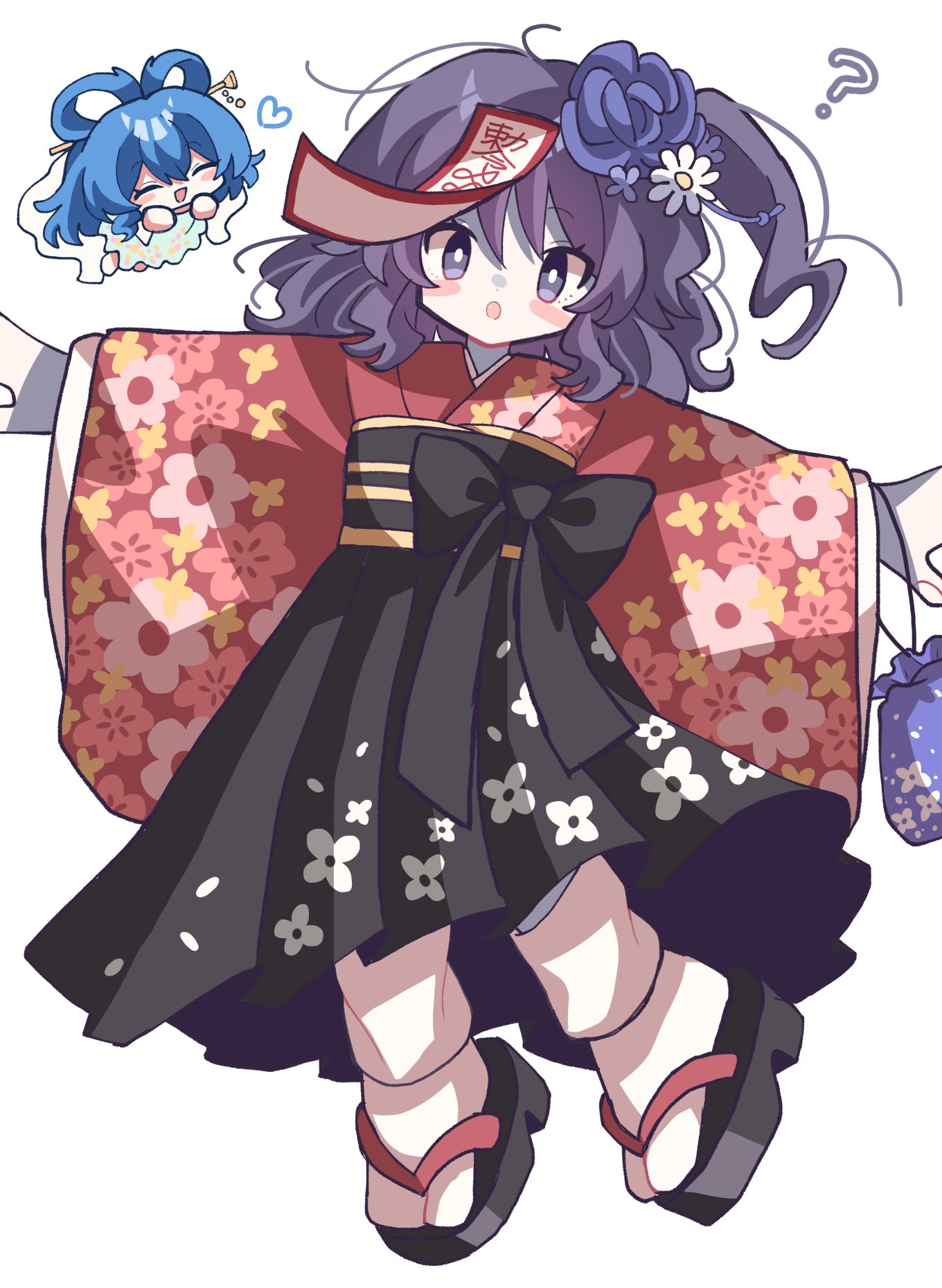 furiba 794, kaku seiga, miyako yoshika, touhou, commentary request, highres, 2girls, :d, :o, ?, ??, ^ ^, black hakama, blue hair, closed eyes, floral print, floral print kimono, flower, full body, hair flower, hair ornament, hair rings, hakama, hakama skirt, japanese clothes, kimono, kinchaku, long sleeves, medium hair, multiple girls, ofuda, ofuda on head, okobo, open mouth, outstretched arms, platform sandals, pouch, print kimono, purple eyes, purple flower, purple hair, red kimono, sandals, simple background, skirt, smile, socks, spread arms, white background, white flower, white socks, wide sleeves