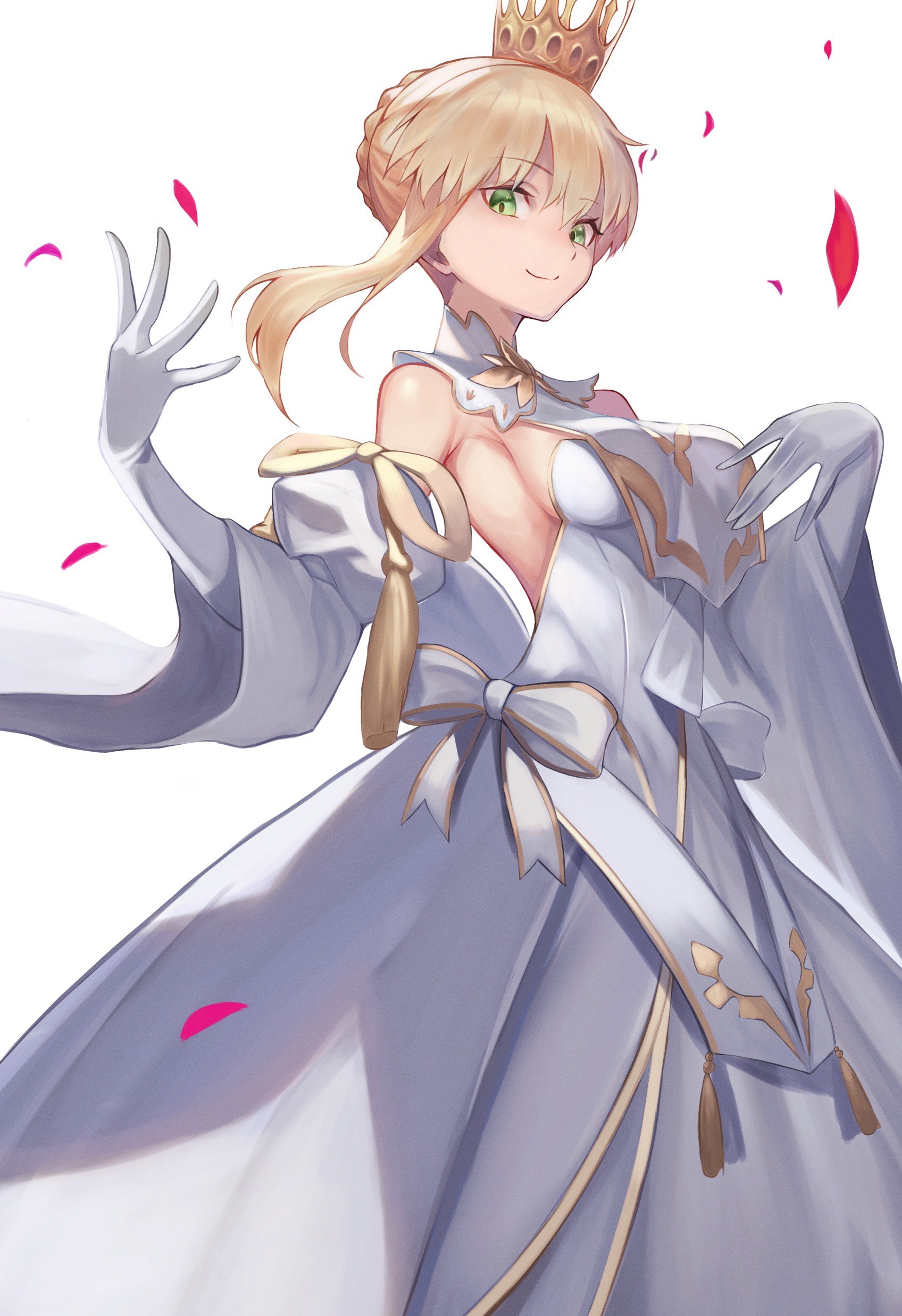 genshu doki, artoria pendragon (fate), lord logres (fate), lord logres (second ascension) (fate), fate/grand order, fate (series), absurdres, commentary request, highres, 1girl, bare shoulders, blonde hair, breasts, crown, detached collar, detached sleeves, dress, gloves, gold trim, green eyes, hair ribbon, long hair, looking at viewer, medium breasts, ribbon, smile, solo, tabard, white background, white dress, white gloves, wide sleeves