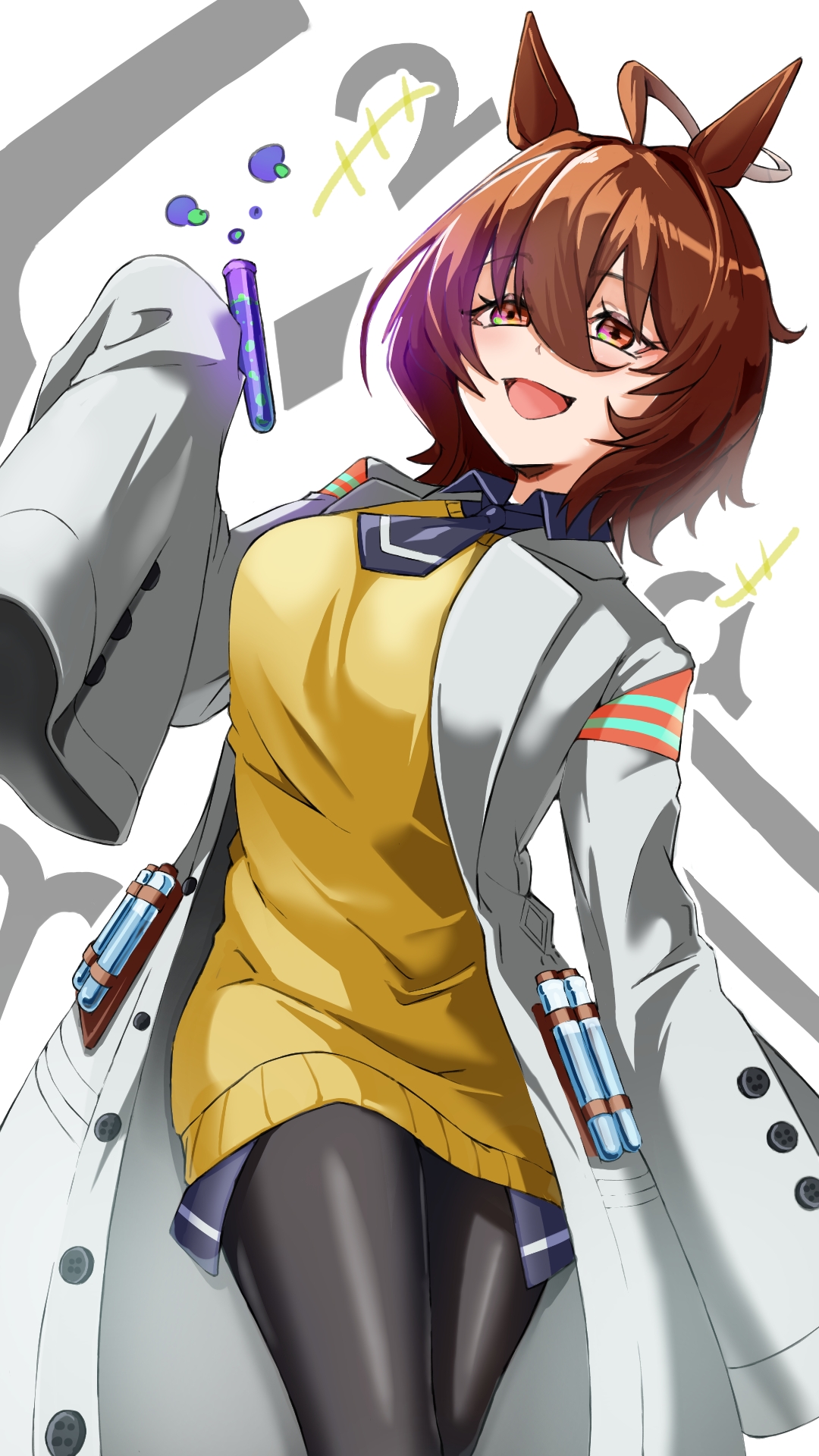 agnes tachyon (tach-nology) (umamusume), agnes tachyon (umamusume), umamusume, commentary request, highres, 1girl, ahoge, animal ears, black necktie, black pantyhose, breasts, brown hair, coat, cork, hair between eyes, hanyuu08, holding, holding test tube, horse ears, horse girl, huge ahoge, jewelry, lab coat, long sleeves, medium breasts, medium hair, necktie, open mouth, pantyhose, red eyes, short necktie, sleeves past fingers, sleeves past wrists, smile, solo, sweater, sweater vest, test tube, white coat, yellow sweater, yellow sweater vest