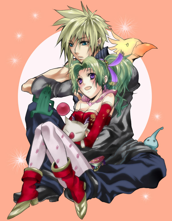 asu (asoras), pupu (leopupu), chocobo, cloud strife, koyokoyo, moogle, pupu (ff8), sabotender, tina branford, dissidia final fantasy, final fantasy, final fantasy vi, final fantasy vii, bad id, bad pixiv id, 1990s (style), 1boy, 1girl, alien, alternate color, alternate costume, blonde hair, cactus, couple, green hair, hetero, pantyhose, purple eyes, retro artstyle, sitting, sitting on lap, sitting on person, spiked hair, stuffed animal, stuffed toy