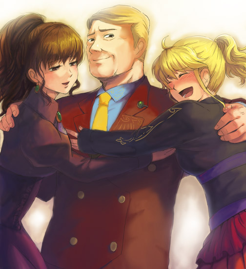 furutachirikonbu, ushiromiya jessica, ushiromiya krauss, ushiromiya natsuhi, umineko no naku koro ni, 00s, blonde hair, brown hair, earrings, family, formal clothes, hug, jewelry, ponytail, skirt, suit