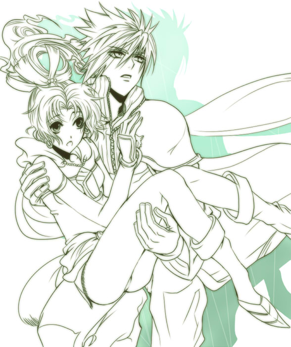 asu (asoras), cloud strife, tina branford, dissidia final fantasy, final fantasy, final fantasy vi, final fantasy vii, bad id, bad pixiv id, 1990s (style), 1boy, 1girl, alternate costume, carrying, couple, ff gradient, green theme, hetero, monochrome, princess carry