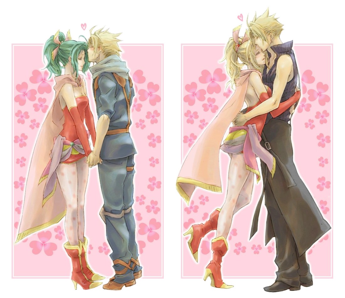 ryouto, cloud strife, tina branford, dissidia final fantasy, final fantasy, final fantasy vi, final fantasy vii, 1990s (style), 1boy, 1girl, alternate color, alternate costume, blonde hair, couple, green hair, heart, hetero, hug, kiss, pantyhose
