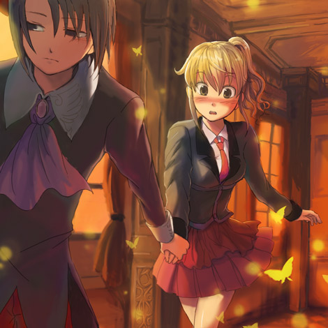 furutachirikonbu, kanon (umineko), ushiromiya jessica, umineko no naku koro ni, lowres, 00s, beret, black hair, blonde hair, blush, bug, butterfly, hat, holding hands, ponytail, skirt