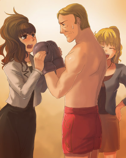 furutachirikonbu, ushiromiya jessica, ushiromiya krauss, ushiromiya natsuhi, umineko no naku koro ni, 00s, 1boy, 2girls, blonde hair, boxing gloves, brown hair, family, multiple girls, ponytail, topless male