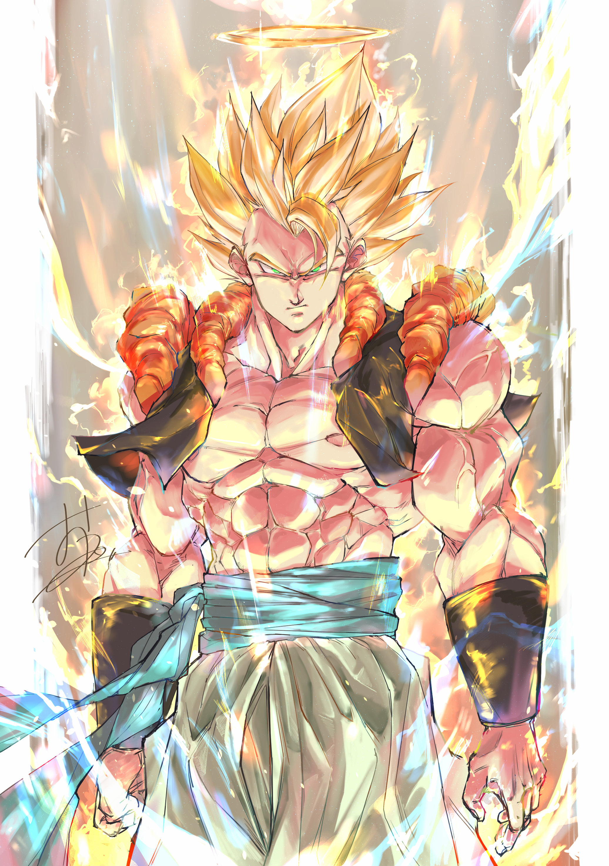 ota ta999, gogeta, dragon ball, dragonball z, absurdres, commentary, english commentary, highres, 1boy, abs, aura, bare shoulders, black vest, blonde hair, blue sash, border, cowboy shot, cropped vest, halo, male focus, medium hair, metamoran vest, muscular, muscular male, open clothes, open vest, pants, sash, signature, solo, spiked hair, super saiyan, super saiyan 1, vest, white border, white pants, yellow halo