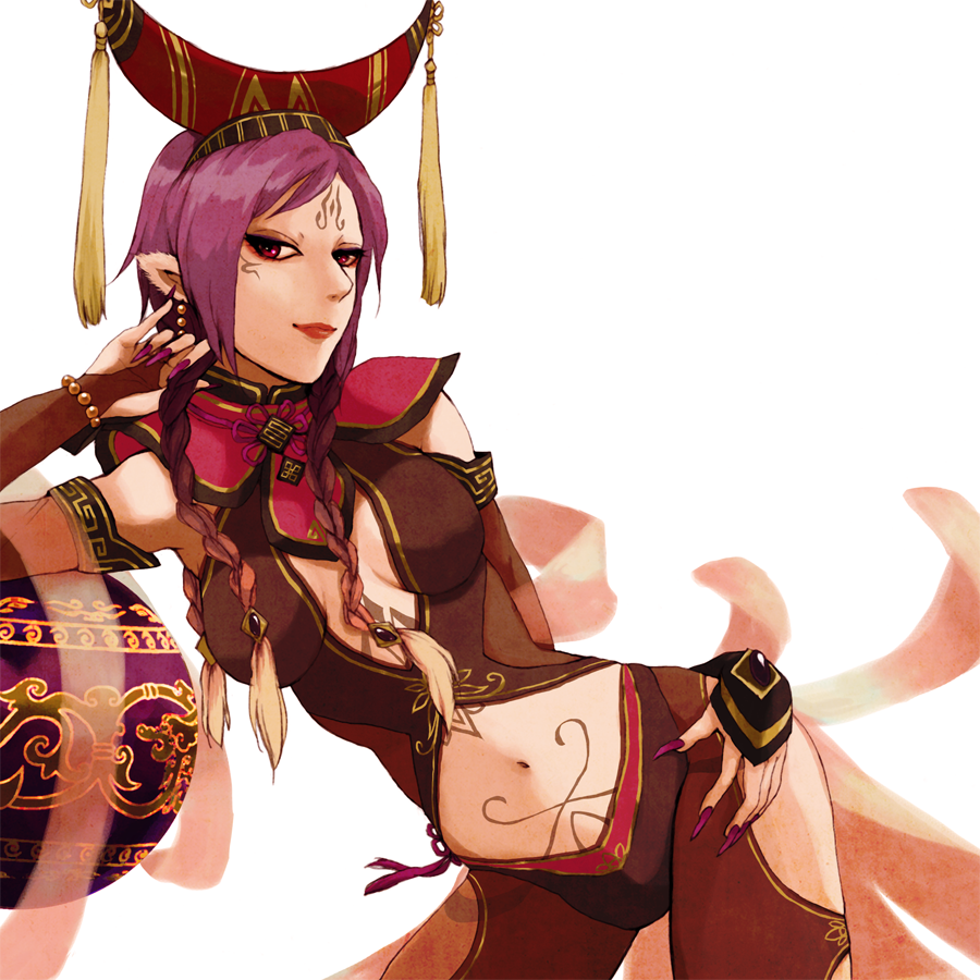 yperit, da ji, musou orochi, 1girl, bare shoulders, braid, breasts, detached sleeves, female focus, fingernails, hat, long fingernails, long hair, nail polish, navel, purple eyes, purple hair, solo, tattoo, white background