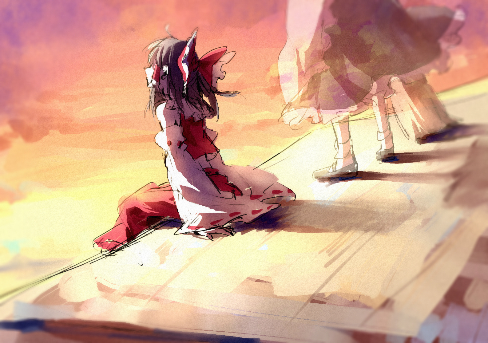 aihara-rina, hakurei reimu, kirisame marisa, touhou, chinese commentary, commentary request, 2girls, apron, black shoes, black skirt, bow, broom, brown hair, detached sleeves, evening, fading, frilled bow, frilled hair tubes, frilled skirt, frills, hair bow, hair tubes, holding, holding broom, long hair, mary janes, multiple girls, red bow, red skirt, ribbon-trimmed sleeves, ribbon trim, shoes, sitting, skirt, skirt set, socks, waist apron, white apron, white socks